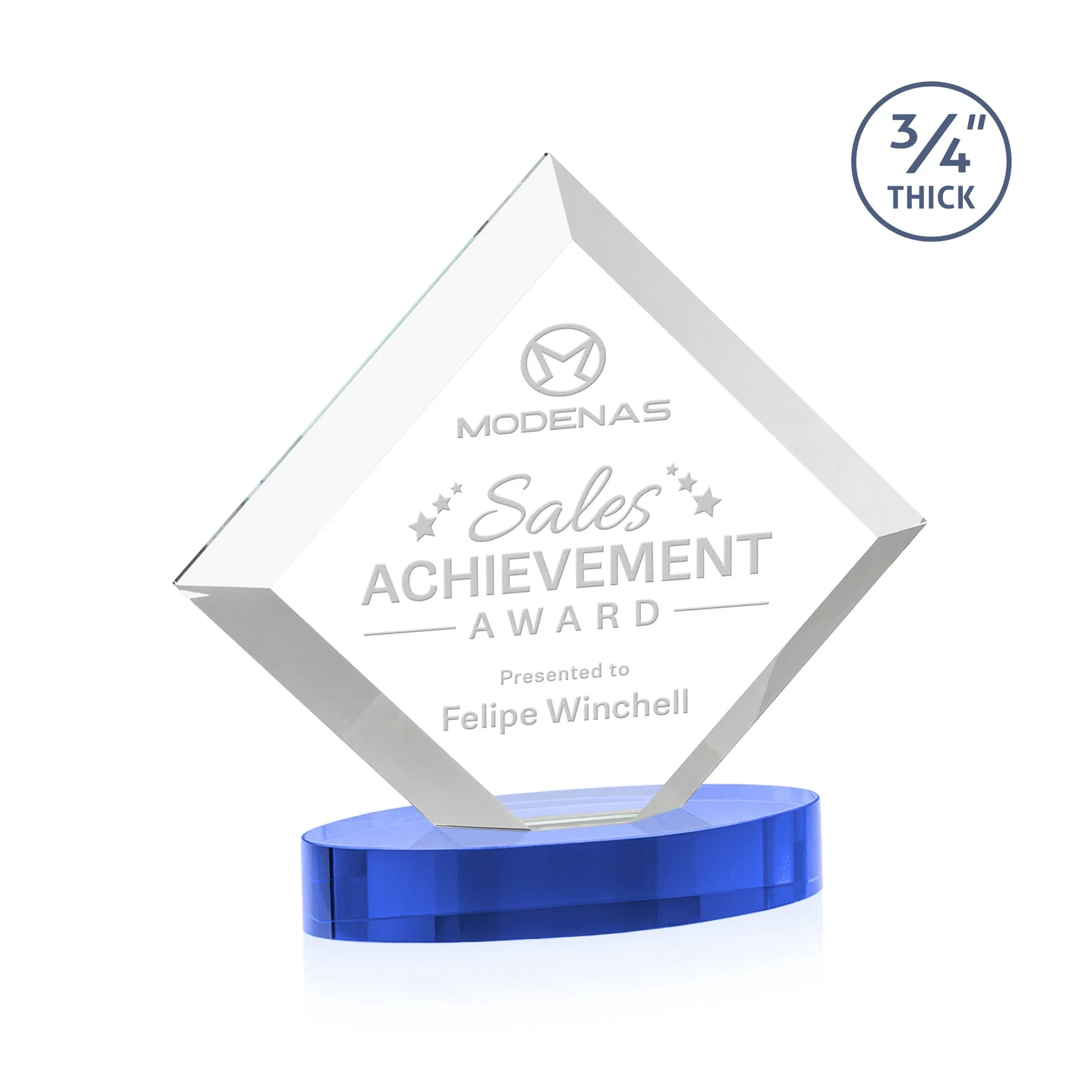 Customized Mitered-Edge Starfire Crystal Diamond Award on an Oval Base, awards for team milestone celebrations
