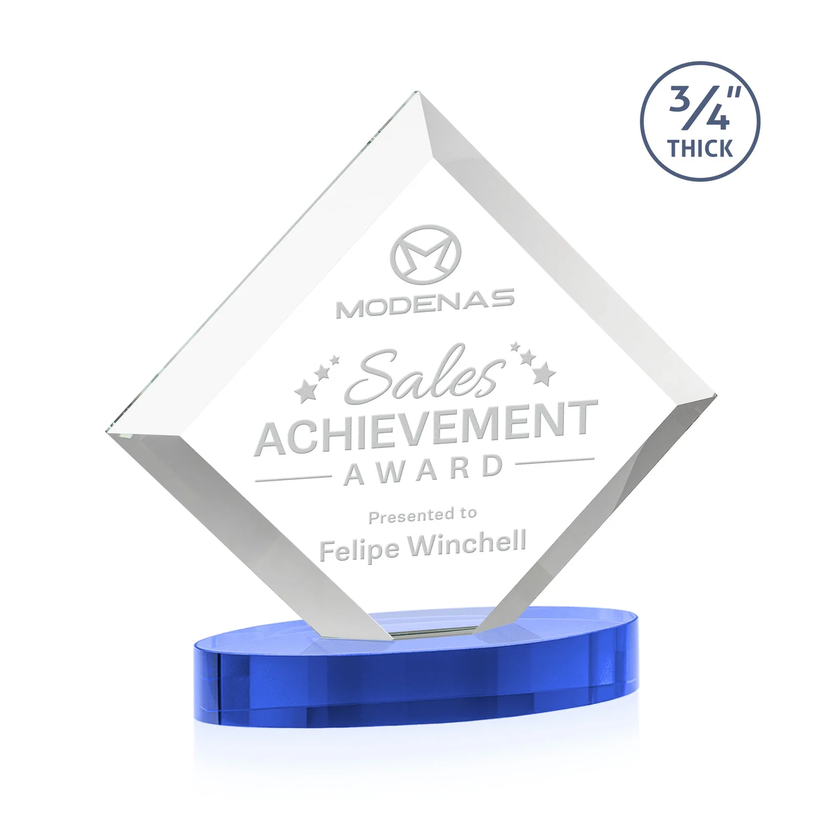 Customized Mitered-Edge Starfire Crystal Diamond Award on an Oval Base, awards for donor appreciation