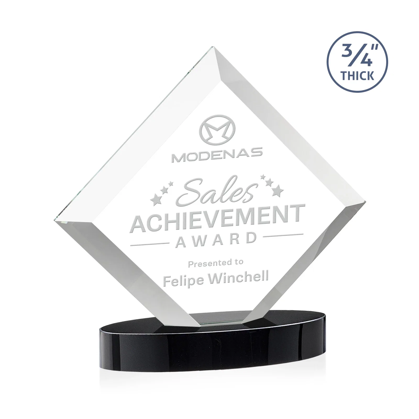 Custom Mitered-Edge Starfire Crystal Diamond Award on an Oval Base, awards for donor appreciation
