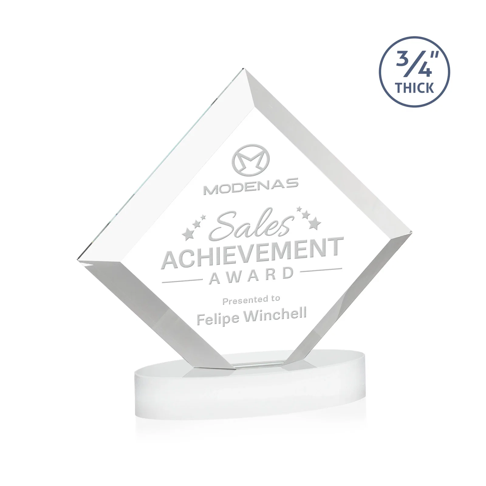 Customized Mitered-Edge Starfire Crystal Diamond Award on an Oval Base, awards for volunteer appreciation
