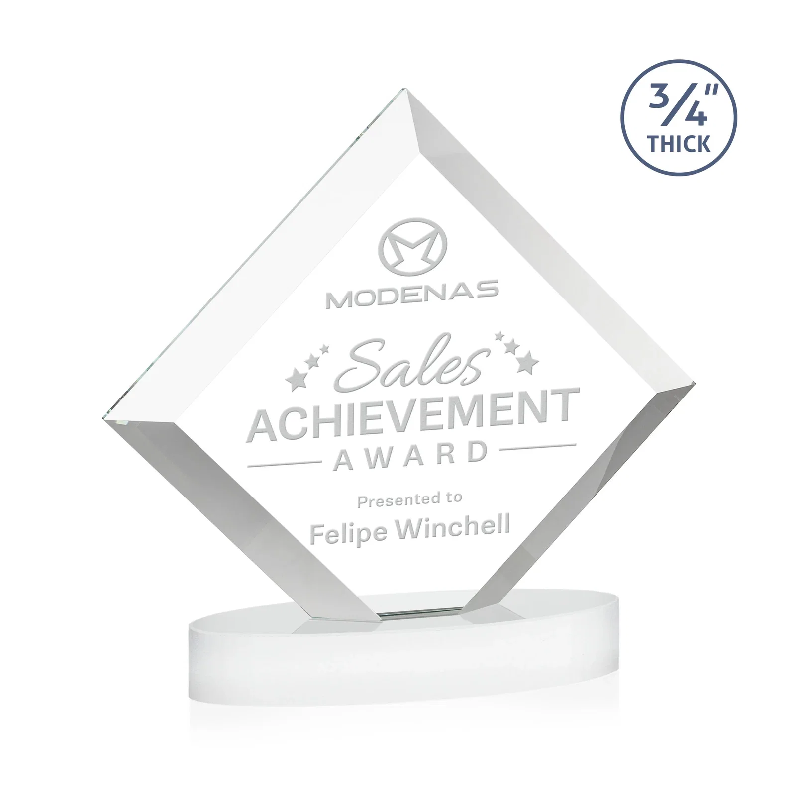 Customized Mitered-Edge Starfire Crystal Diamond Award on an Oval Base, awards for dealer and partner awards