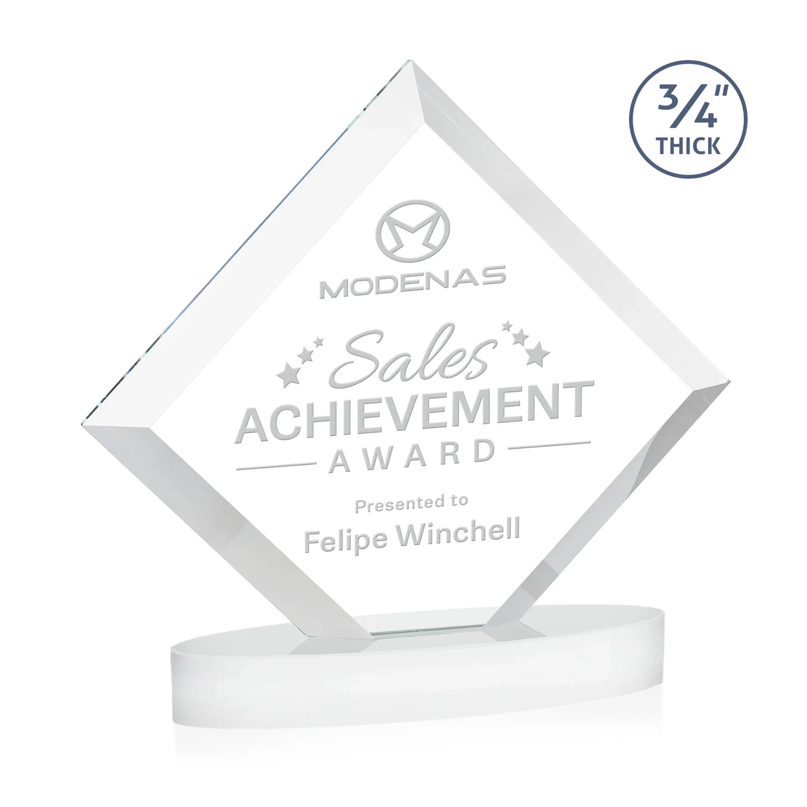 Customized Mitered-Edge Starfire Crystal Diamond Award on an Oval Base, awards for company anniversary events