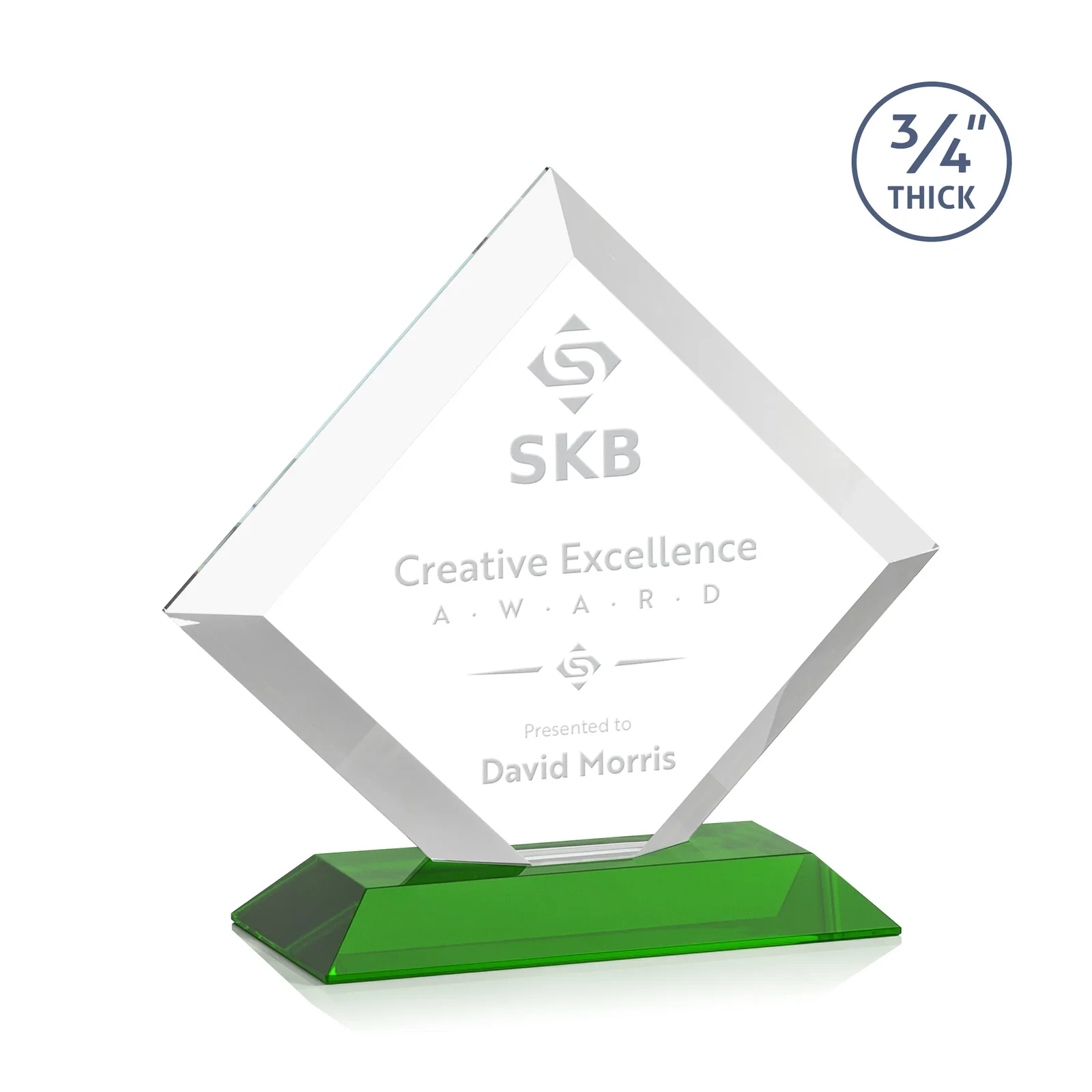 Custom Mitered-Edge Starfire Crystal Diamond Award on a Bamboo Base for volunteer appreciation