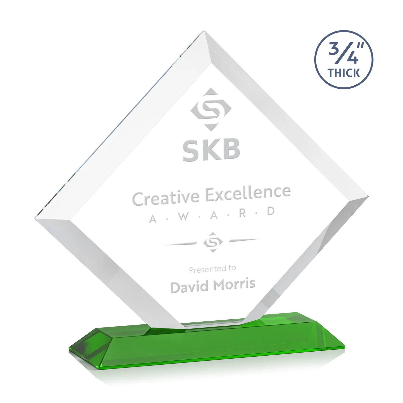 Custom Mitered-Edge Starfire Crystal Diamond Award on a Bamboo Base for company anniversary events
