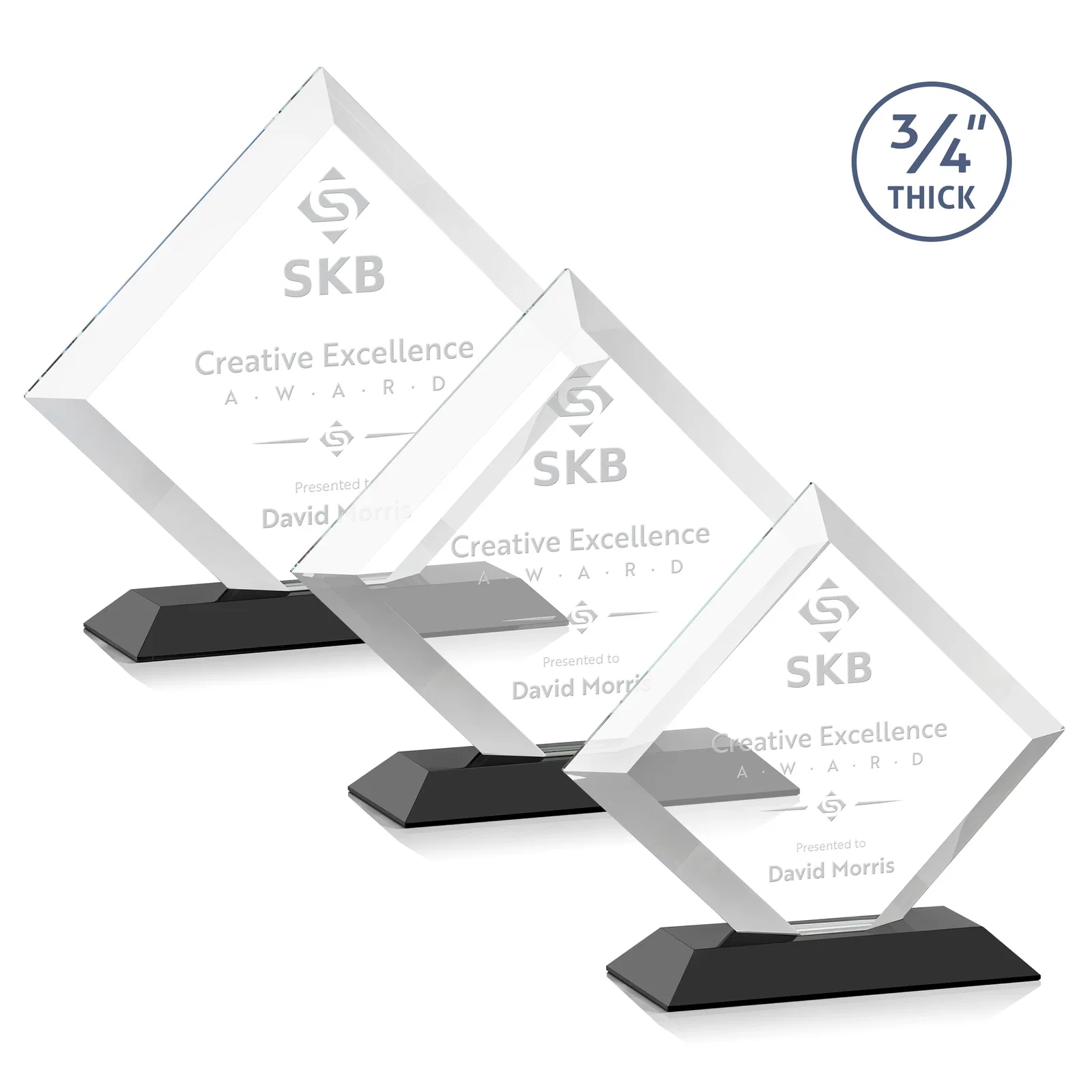 Personalized Mitered-Edge Starfire Crystal Diamond Award on a Bamboo Base for employee recognition