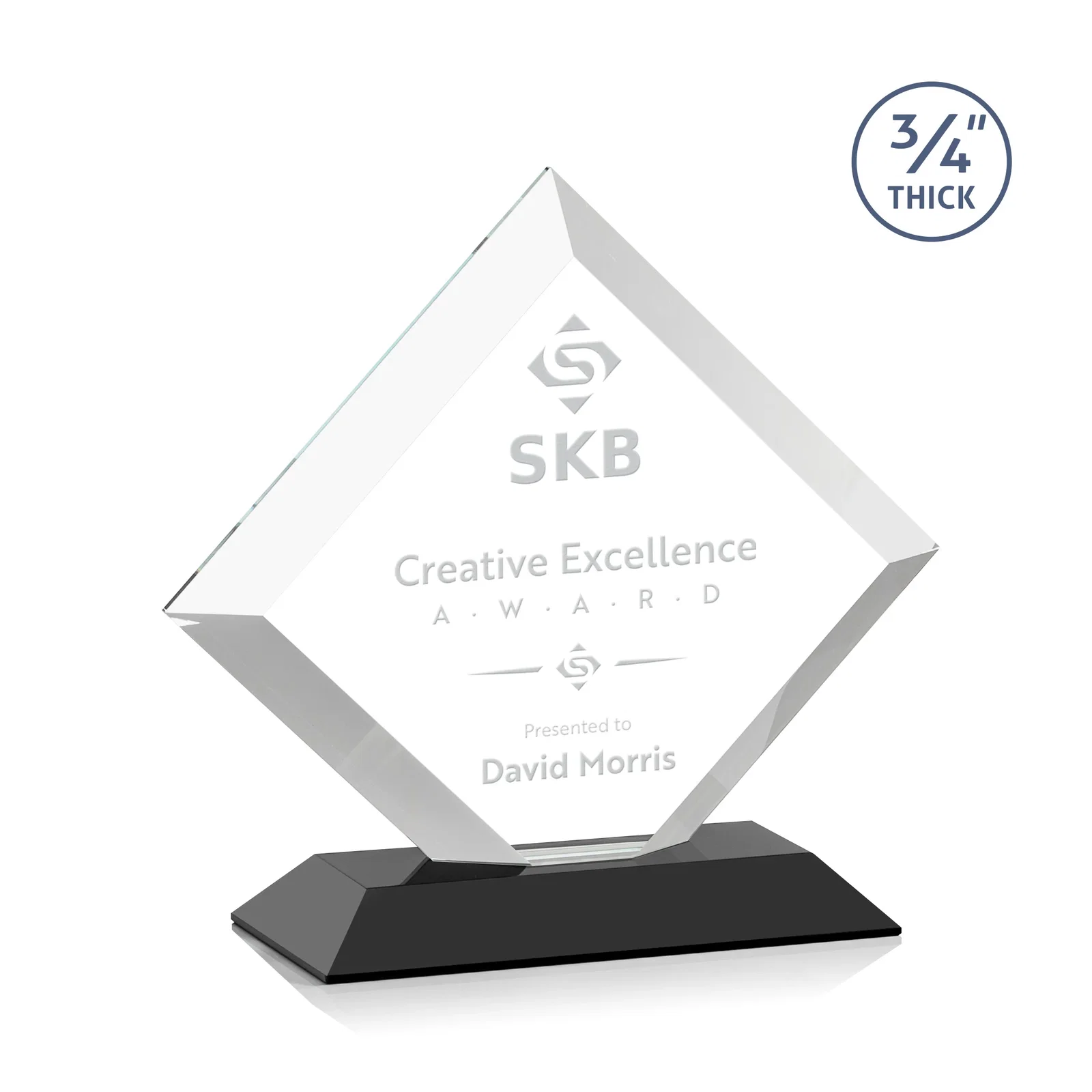 Personalized Mitered-Edge Starfire Crystal Diamond Award on a Bamboo Base for corporate award ceremonies