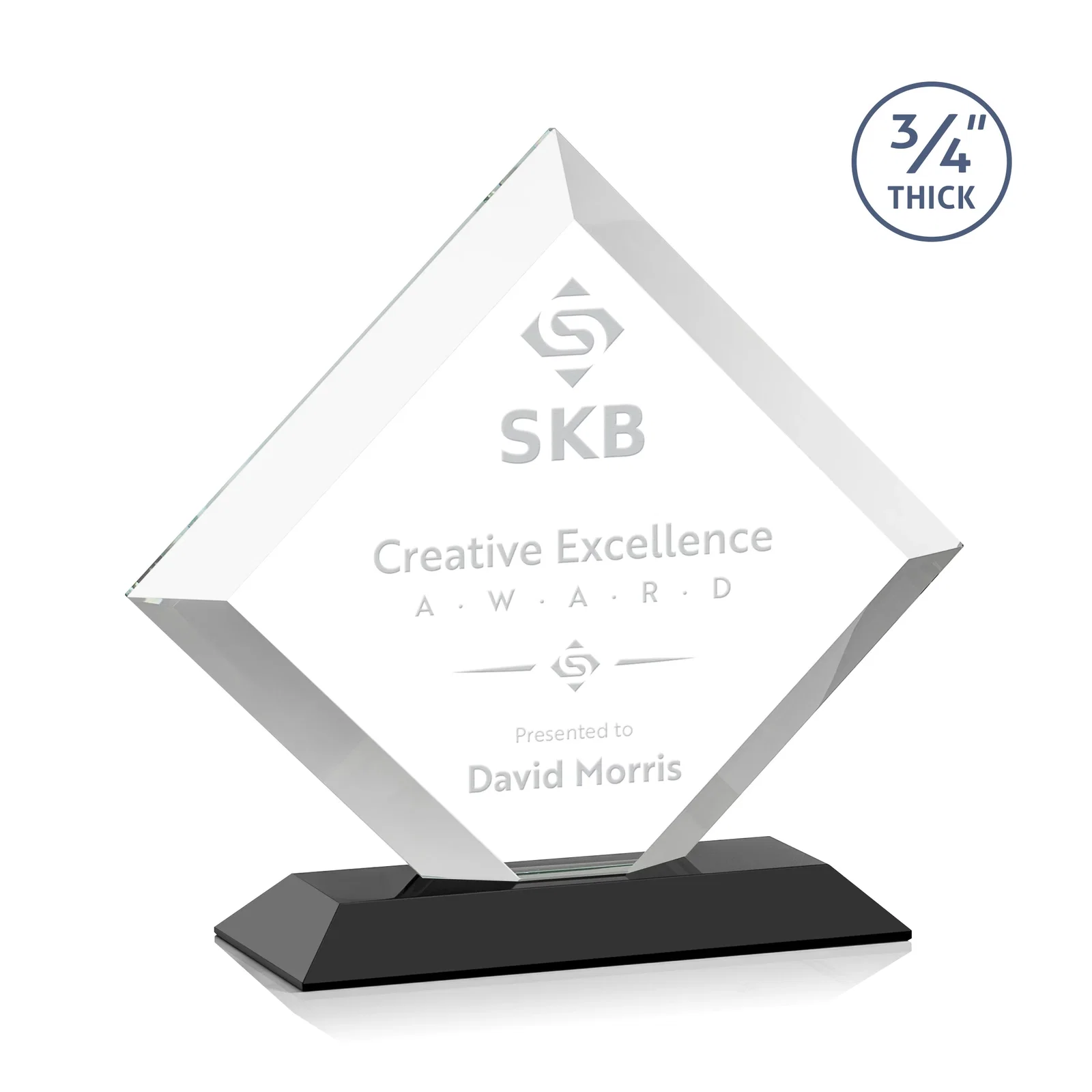 Personalized Mitered-Edge Starfire Crystal Diamond Award on a Bamboo Base for service anniversary gifts