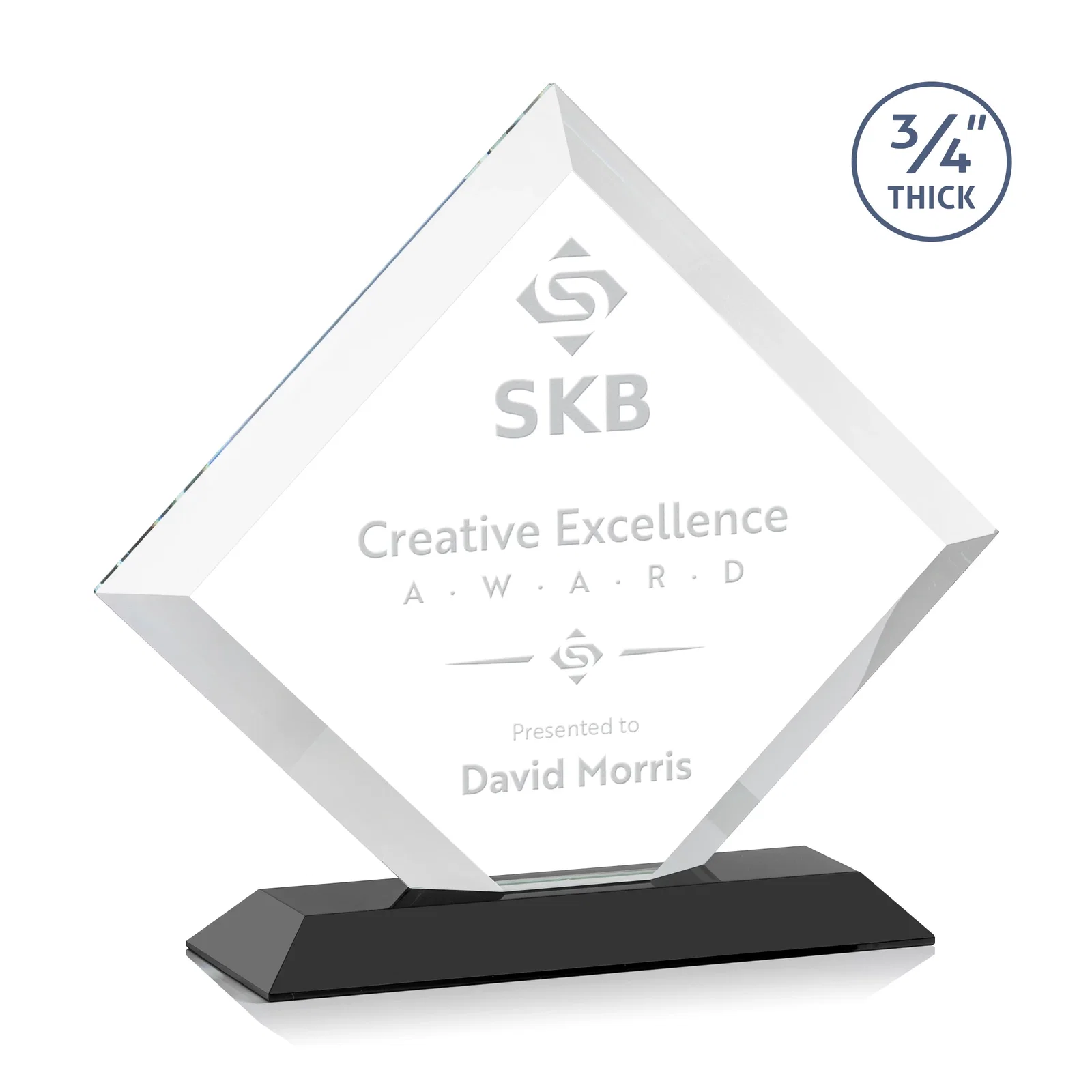 Personalized Mitered-Edge Starfire Crystal Diamond Award on a Bamboo Base for sales achievement awards