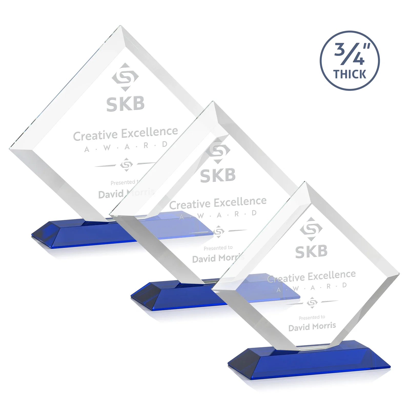 Personalized Mitered-Edge Starfire Crystal Diamond Award on a Bamboo Base for retirement presentations