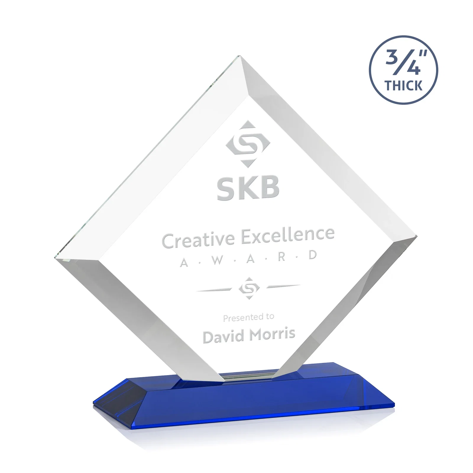 Personalized Mitered-Edge Starfire Crystal Diamond Award on a Bamboo Base for donor appreciation