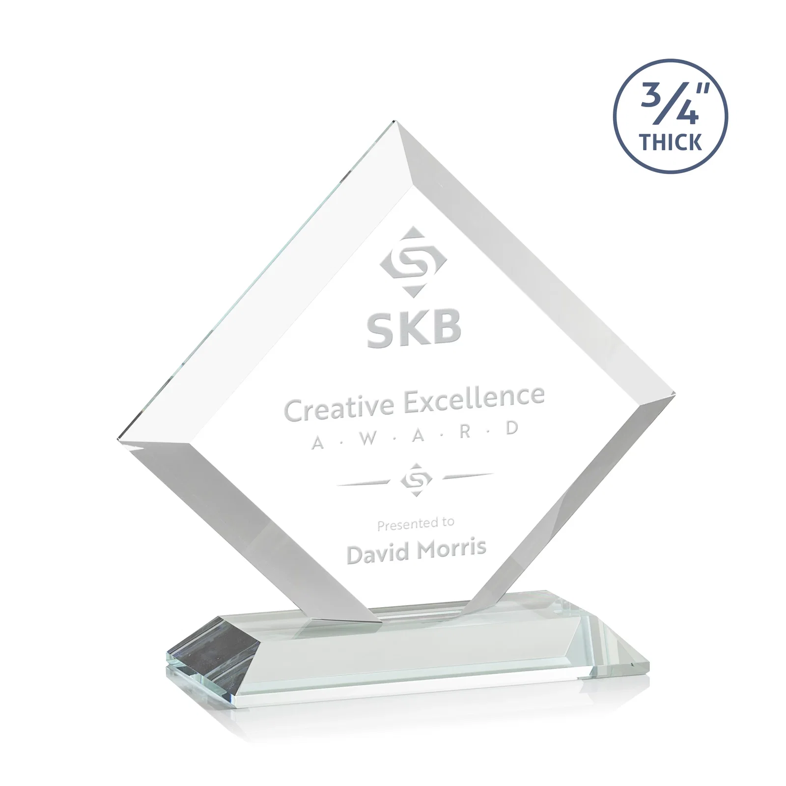 Custom Mitered-Edge Starfire Crystal Diamond Award on a Bamboo Base for corporate award ceremonies
