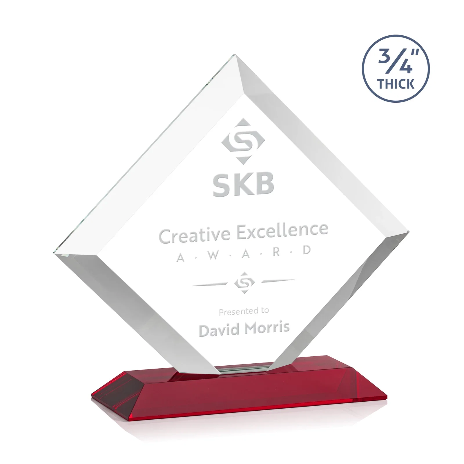 Personalized Mitered-Edge Starfire Crystal Diamond Award on a Bamboo Base for dealer and partner awards