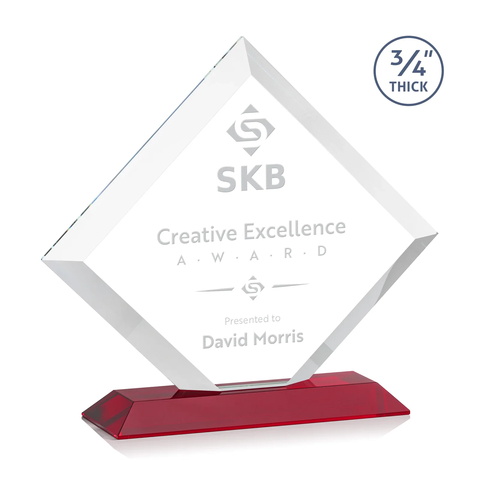 Personalized Mitered-Edge Starfire Crystal Diamond Award on a Bamboo Base for company anniversary events