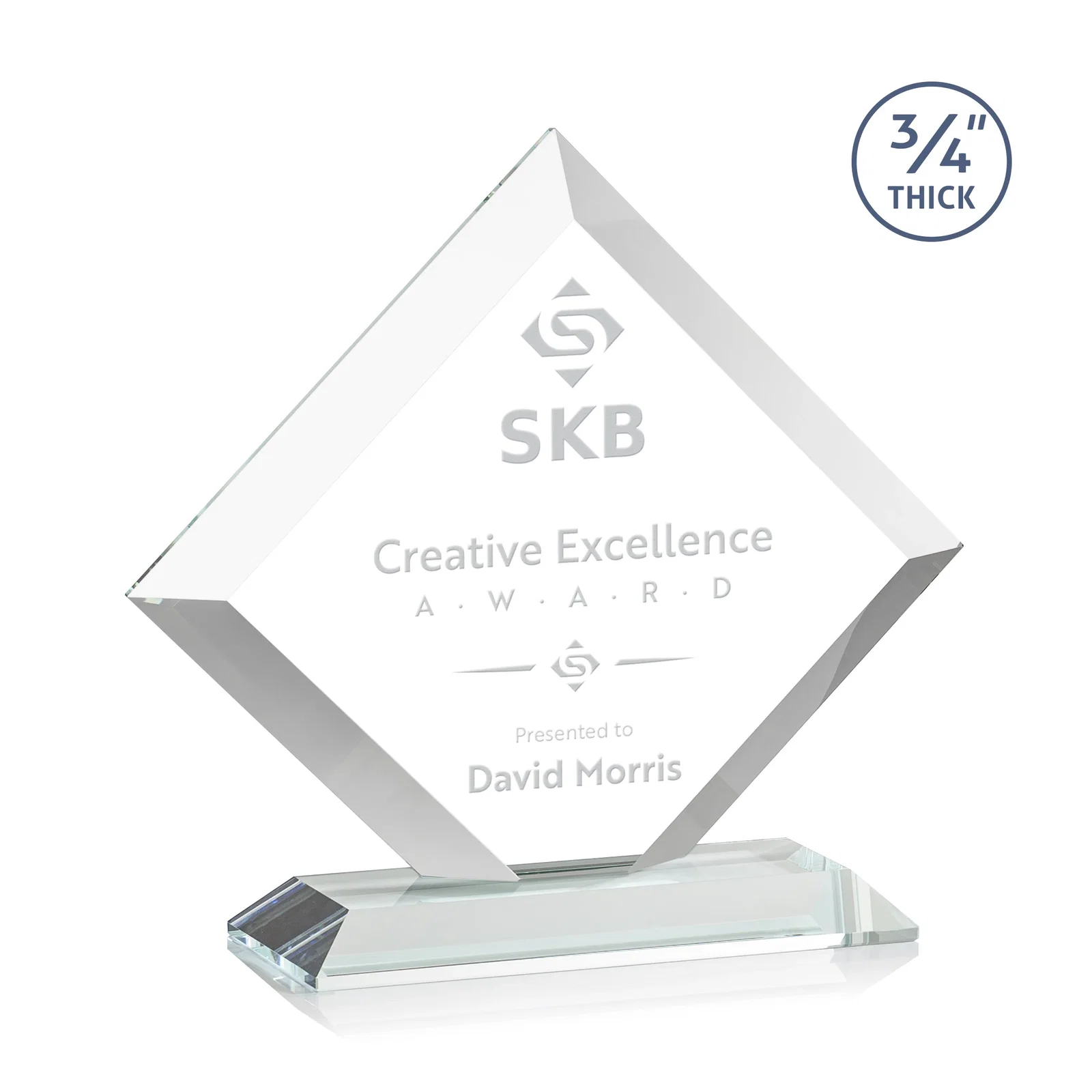 Custom Mitered-Edge Starfire Crystal Diamond Award on a Bamboo Base for service anniversary gifts