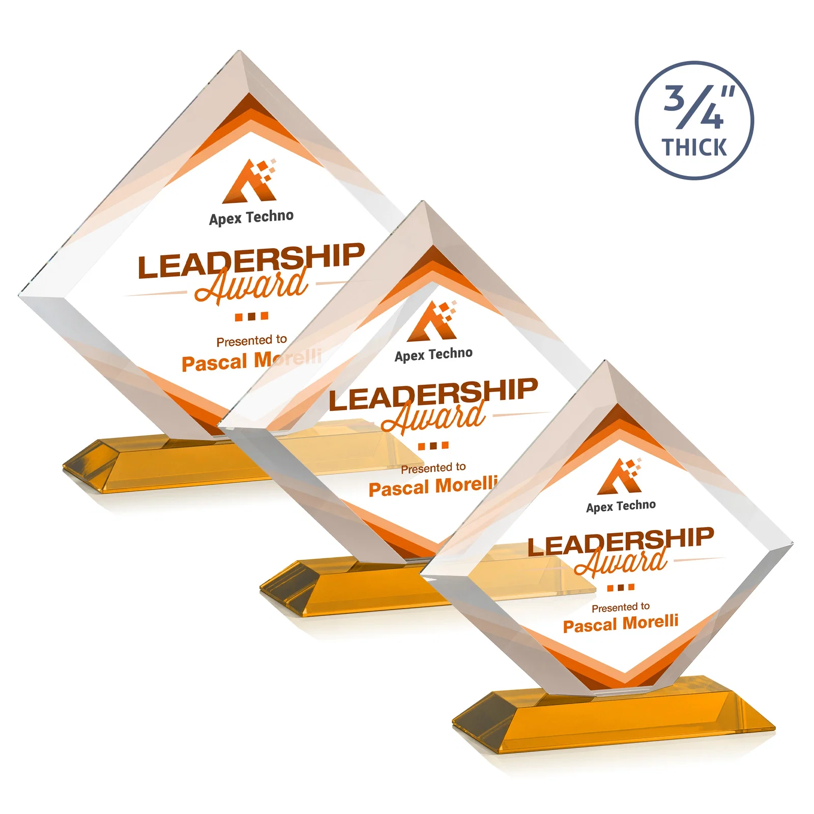 Branded Mitered-Edge Starfire Crystal Diamond Award on a Bamboo Base for employee recognition