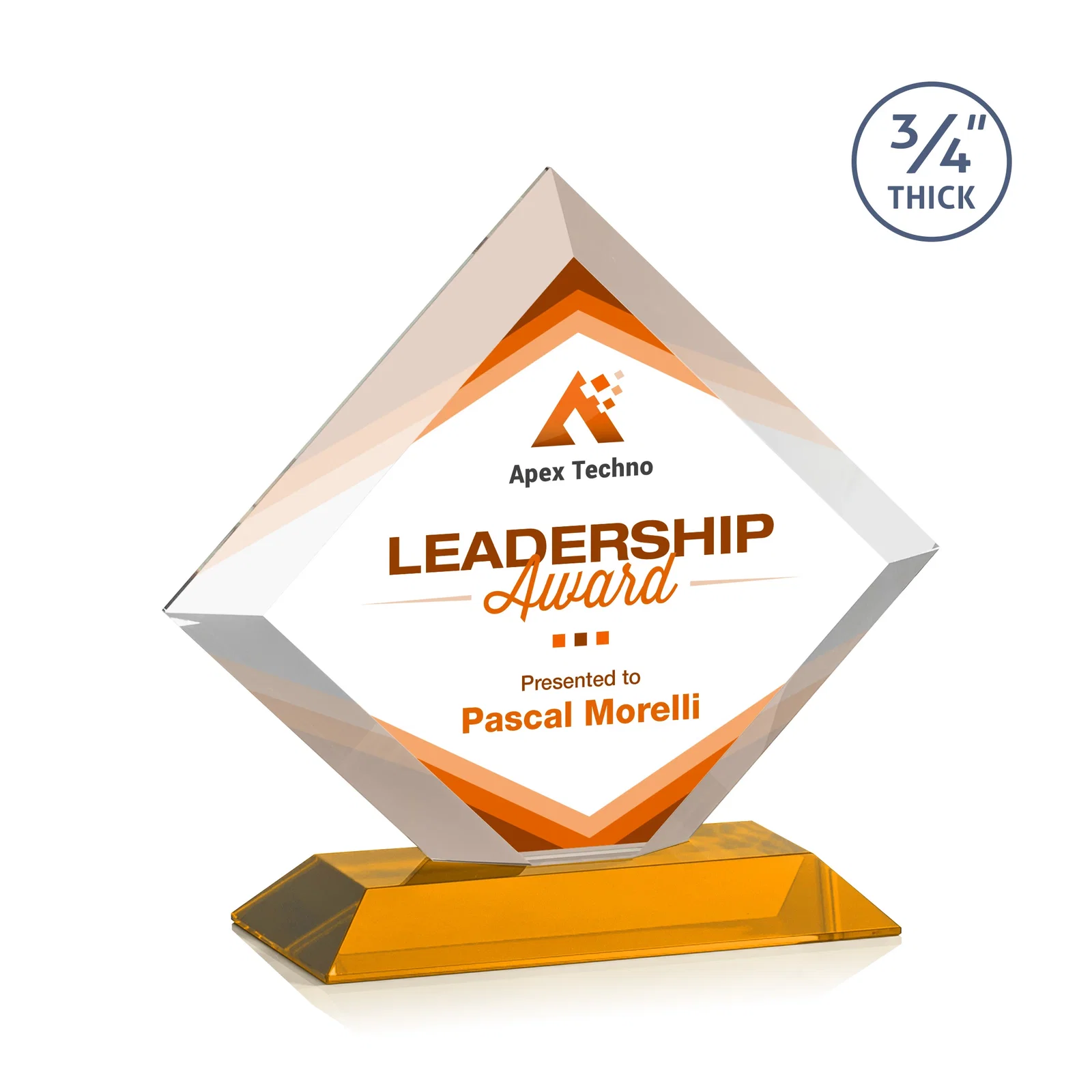 Branded Mitered-Edge Starfire Crystal Diamond Award on a Bamboo Base for corporate award ceremonies
