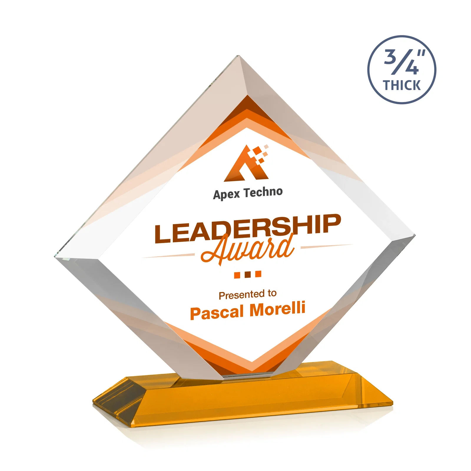 Branded Mitered-Edge Starfire Crystal Diamond Award on a Bamboo Base for service anniversary gifts