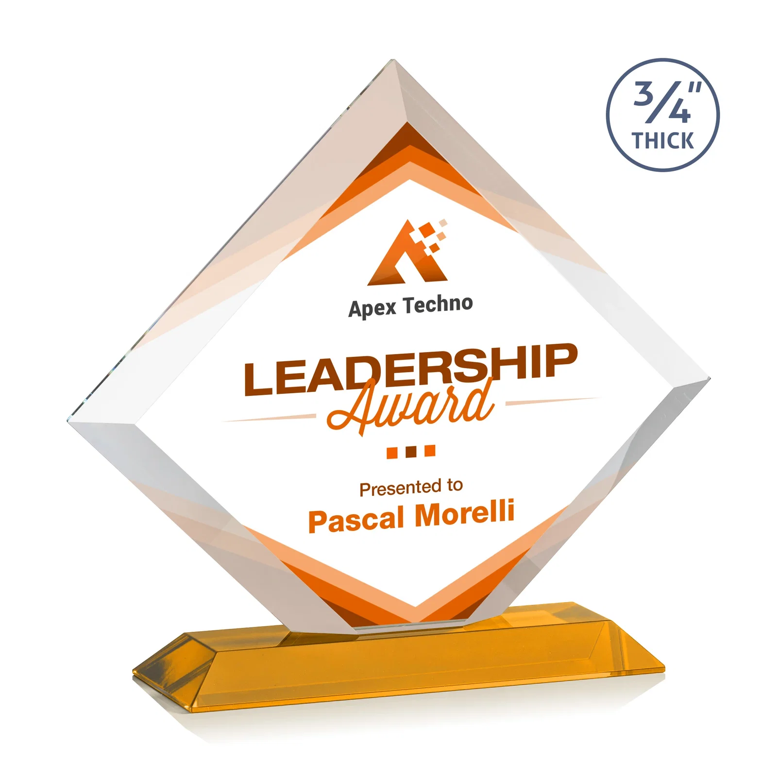 Branded Mitered-Edge Starfire Crystal Diamond Award on a Bamboo Base for sales achievement awards