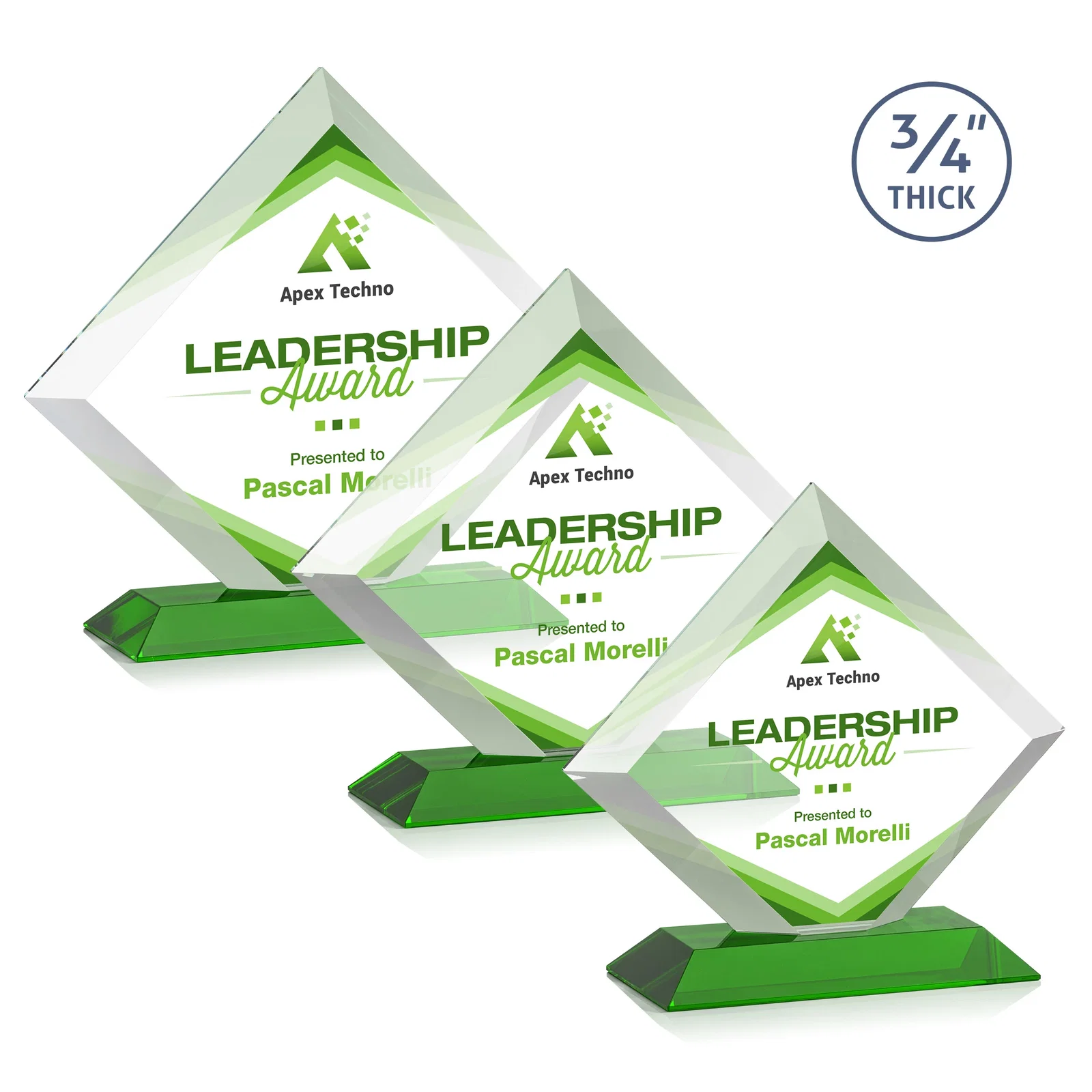 Branded Mitered-Edge Starfire Crystal Diamond Award on a Bamboo Base for retirement presentations