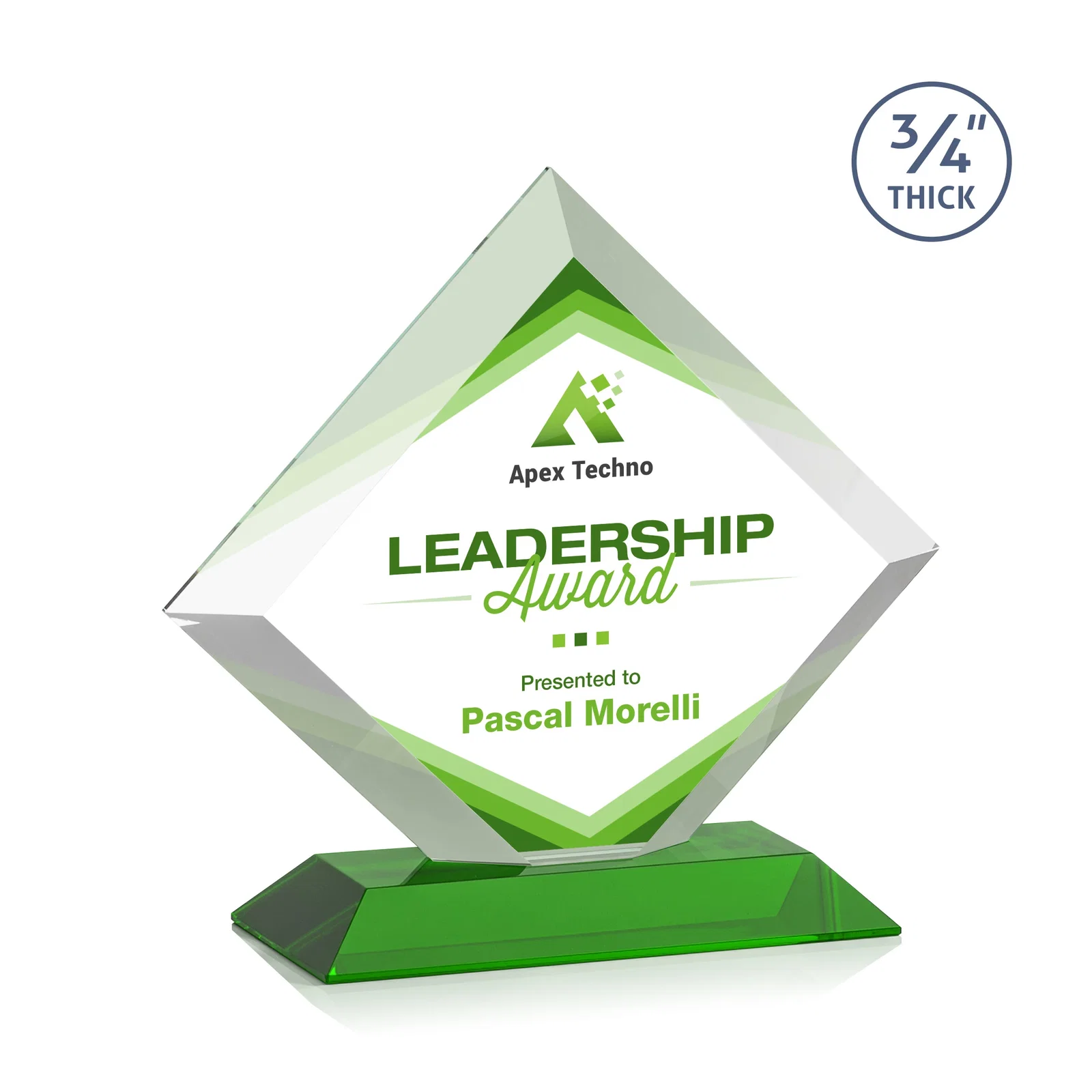 Branded Mitered-Edge Starfire Crystal Diamond Award on a Bamboo Base for team milestone celebrations