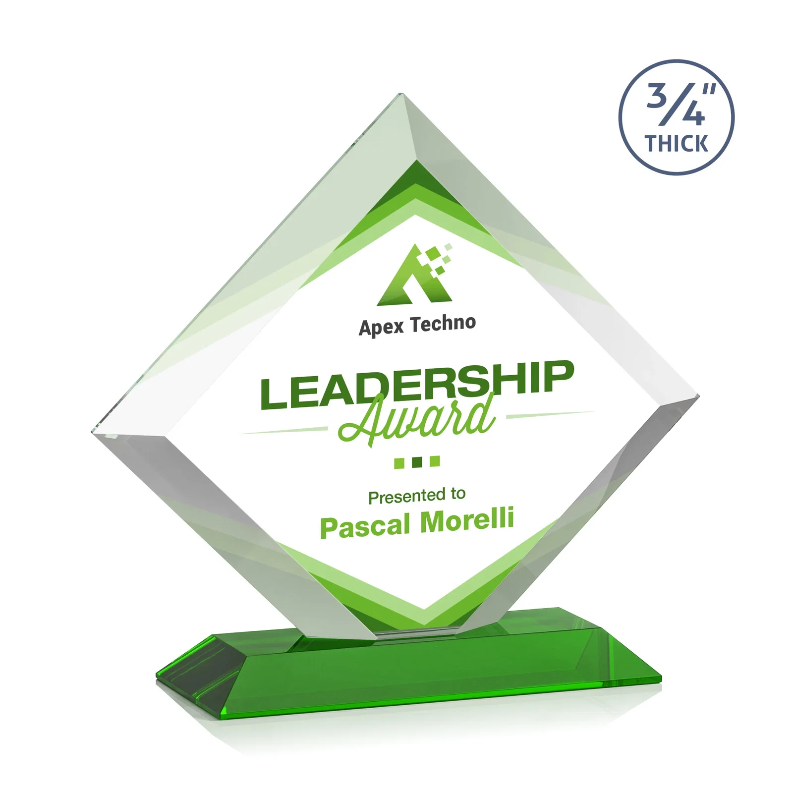 Branded Mitered-Edge Starfire Crystal Diamond Award on a Bamboo Base for donor appreciation