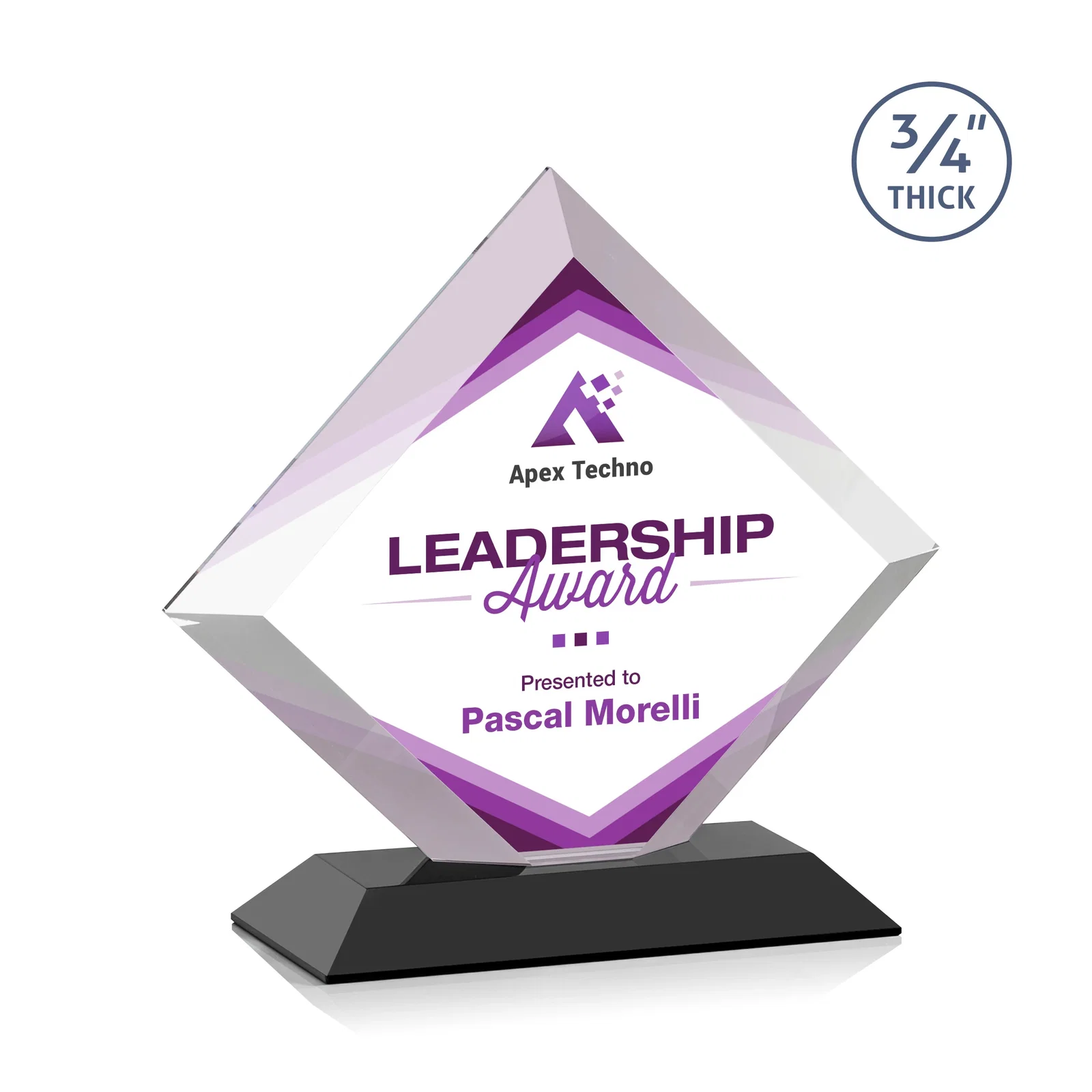 Branded Mitered-Edge Starfire Crystal Diamond Award on a Bamboo Base for volunteer appreciation