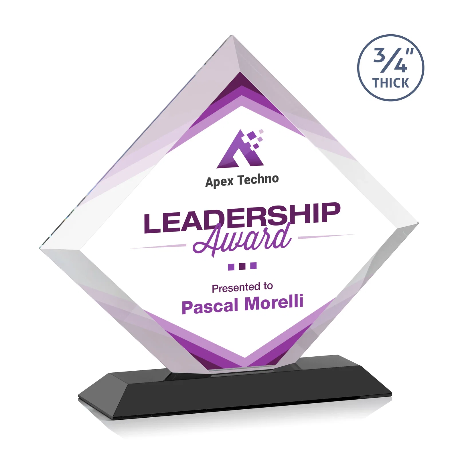 Branded Mitered-Edge Starfire Crystal Diamond Award on a Bamboo Base for company anniversary events