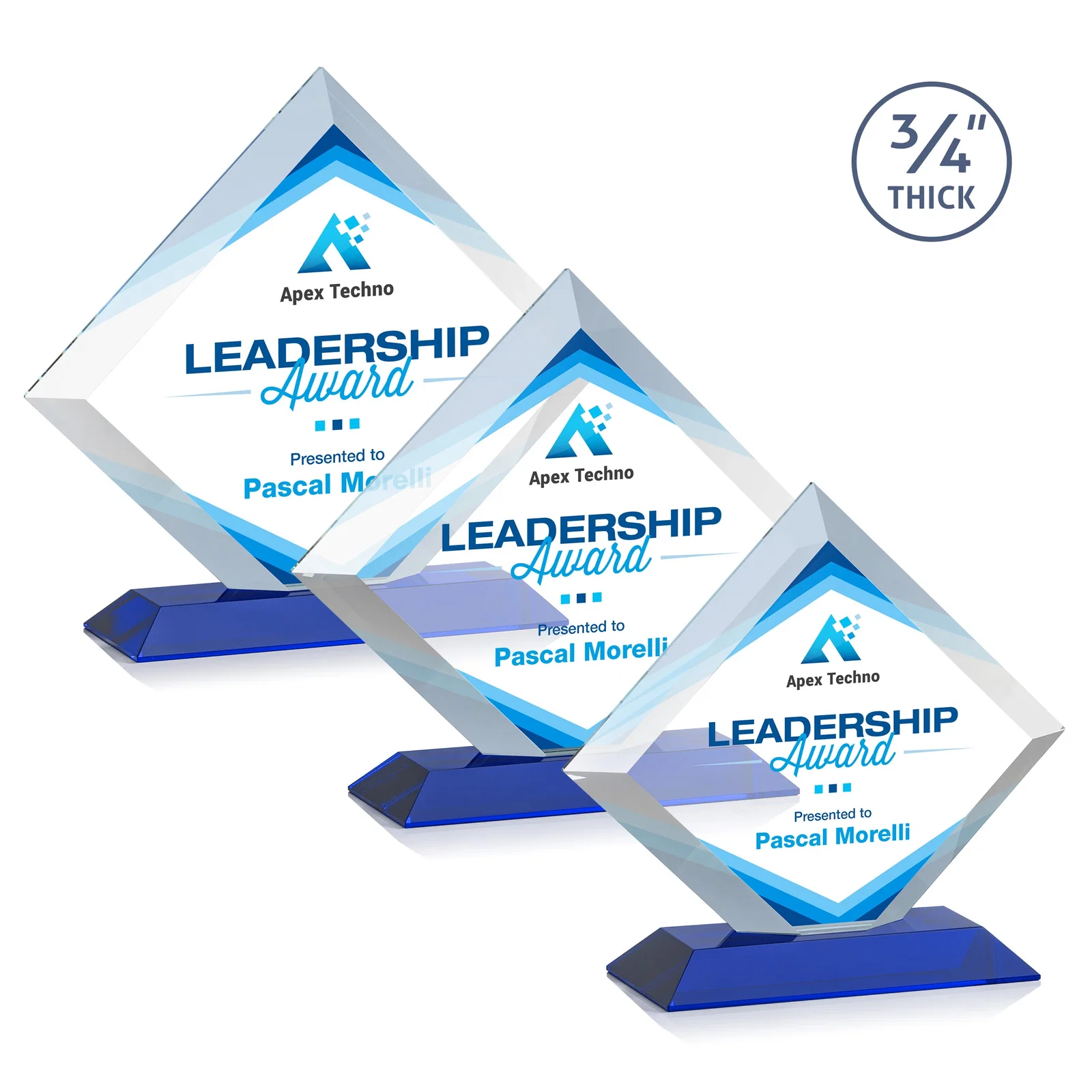 Custom printed Mitered-Edge Starfire Crystal Diamond Award on a Bamboo Base for employee recognition
