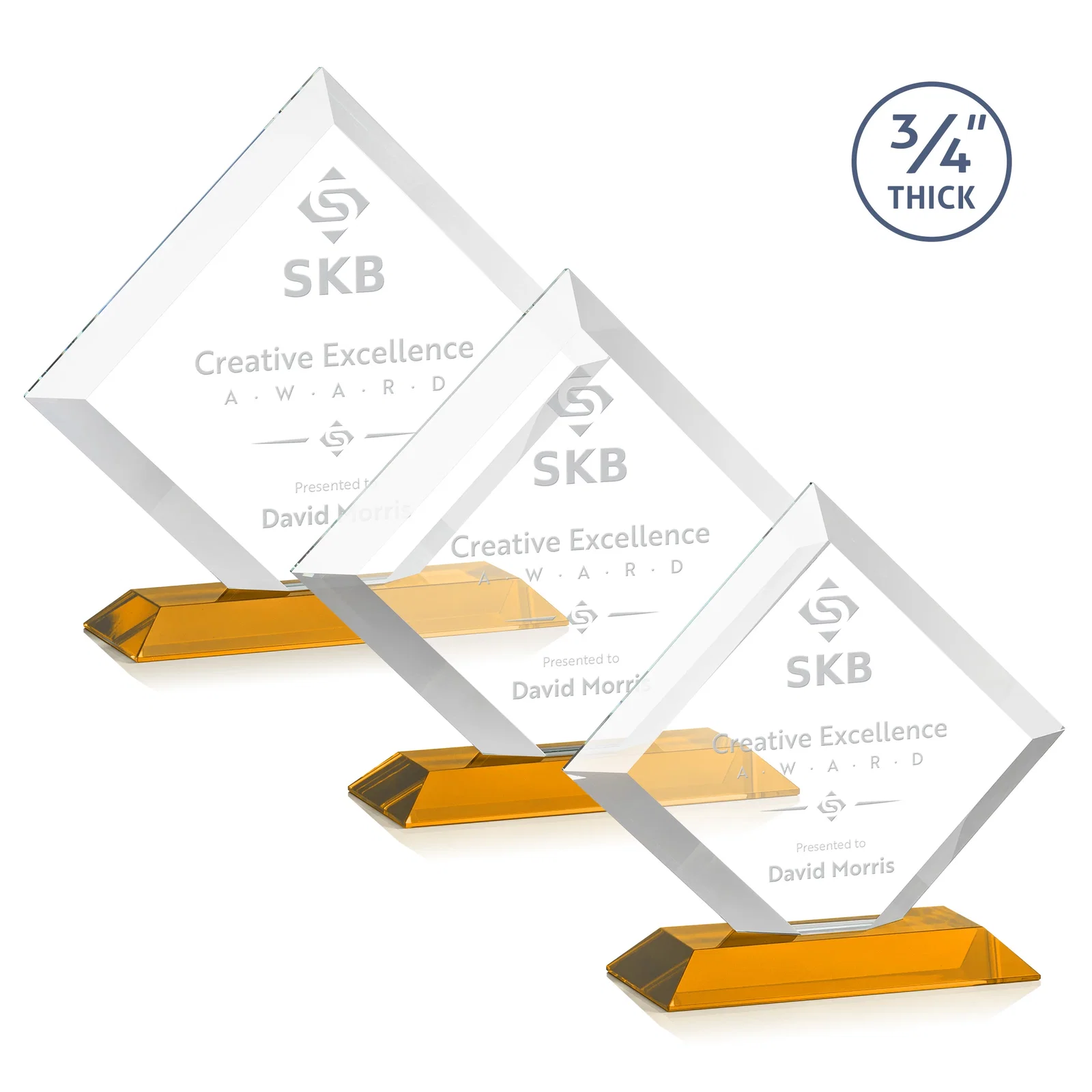 Custom Mitered-Edge Starfire Crystal Diamond Award on a Bamboo Base for retirement presentations