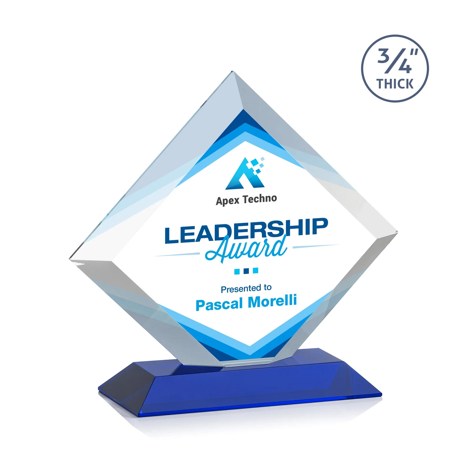 Custom printed Mitered-Edge Starfire Crystal Diamond Award on a Bamboo Base for corporate award ceremonies