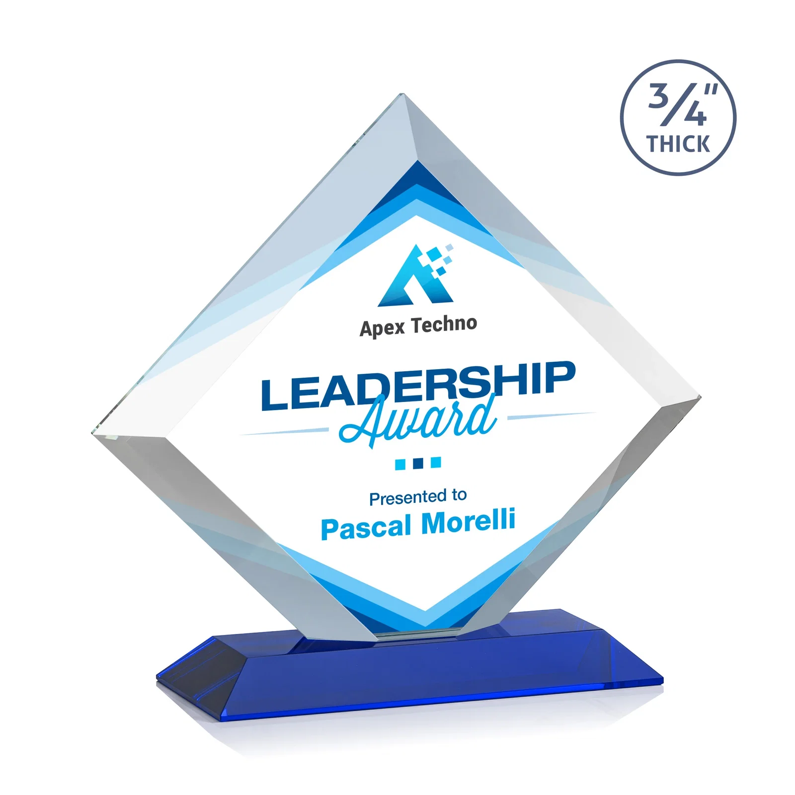 Custom printed Mitered-Edge Starfire Crystal Diamond Award on a Bamboo Base for service anniversary gifts