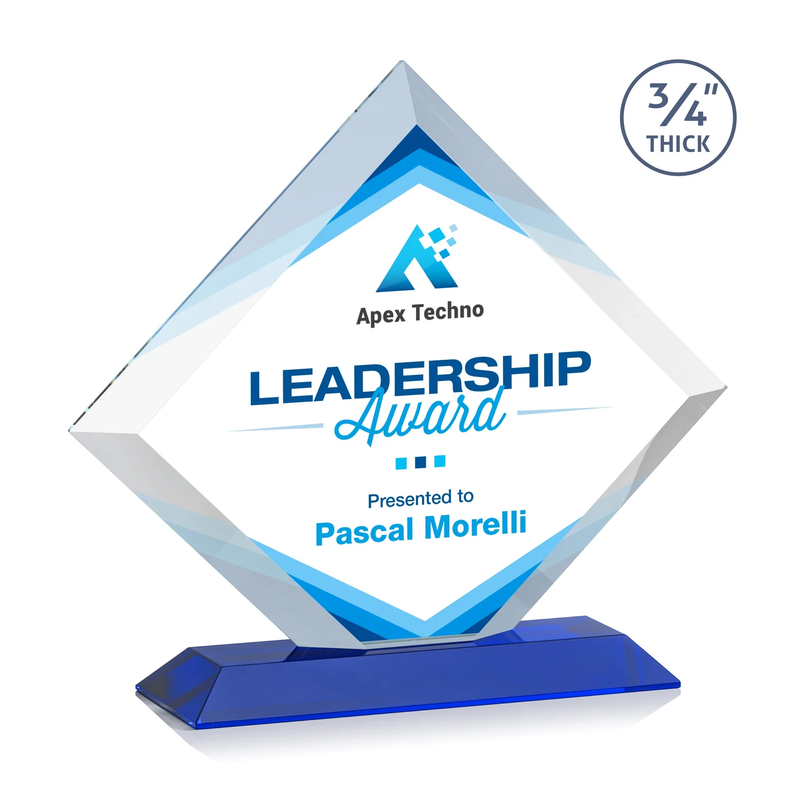 Custom printed Mitered-Edge Starfire Crystal Diamond Award on a Bamboo Base for sales achievement awards
