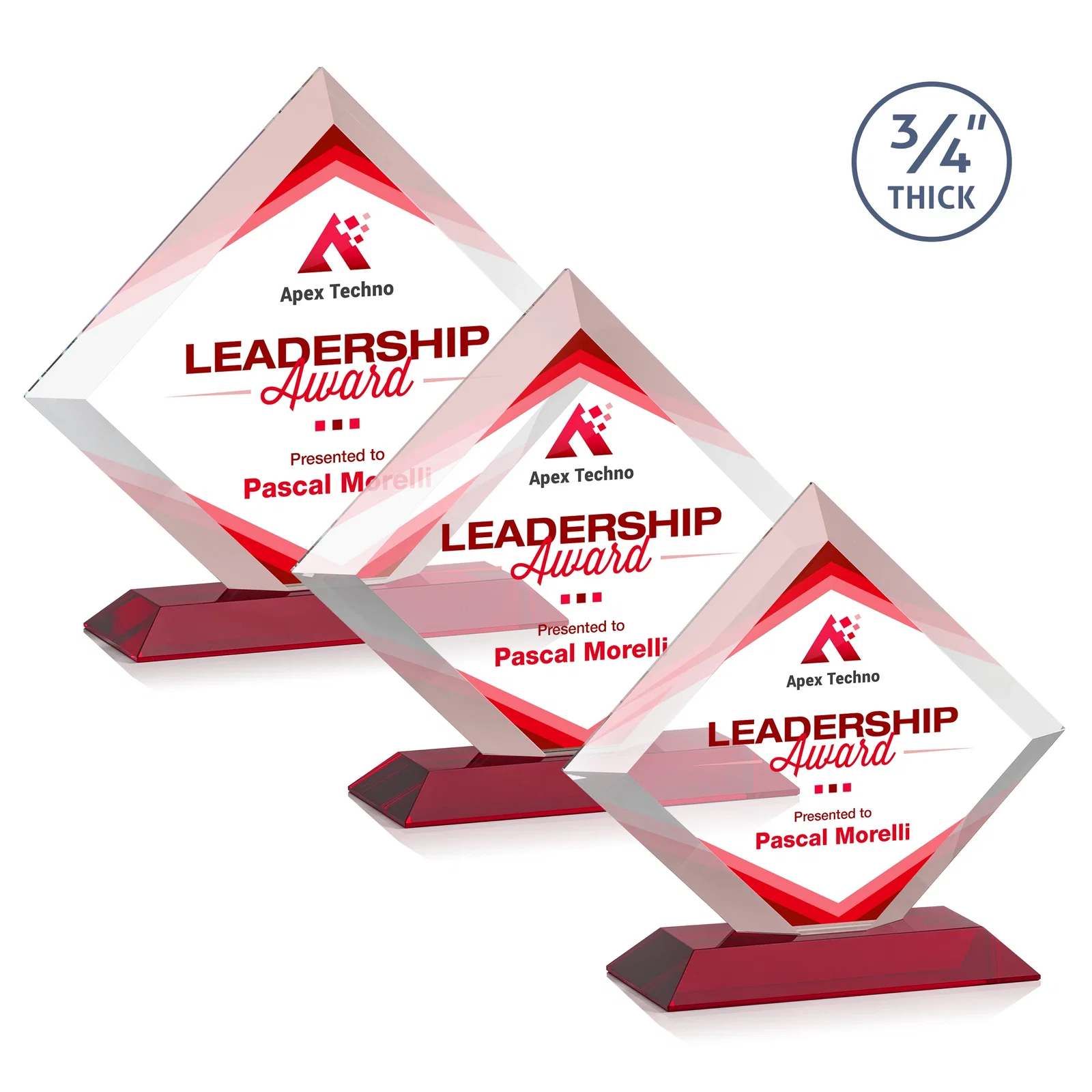 Custom printed Mitered-Edge Starfire Crystal Diamond Award on a Bamboo Base for retirement presentations