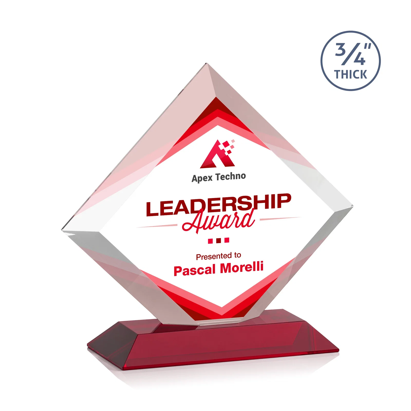 Custom printed Mitered-Edge Starfire Crystal Diamond Award on a Bamboo Base for team milestone celebrations