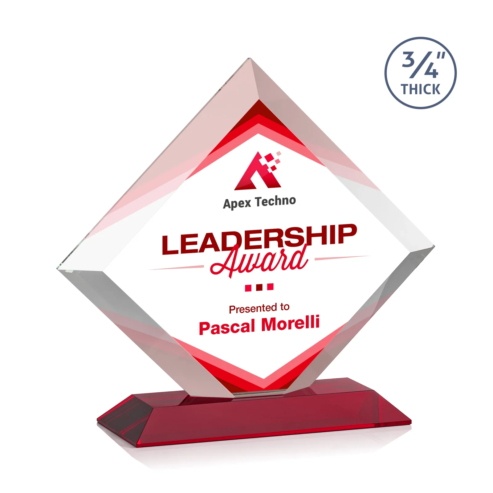 Custom printed Mitered-Edge Starfire Crystal Diamond Award on a Bamboo Base for donor appreciation