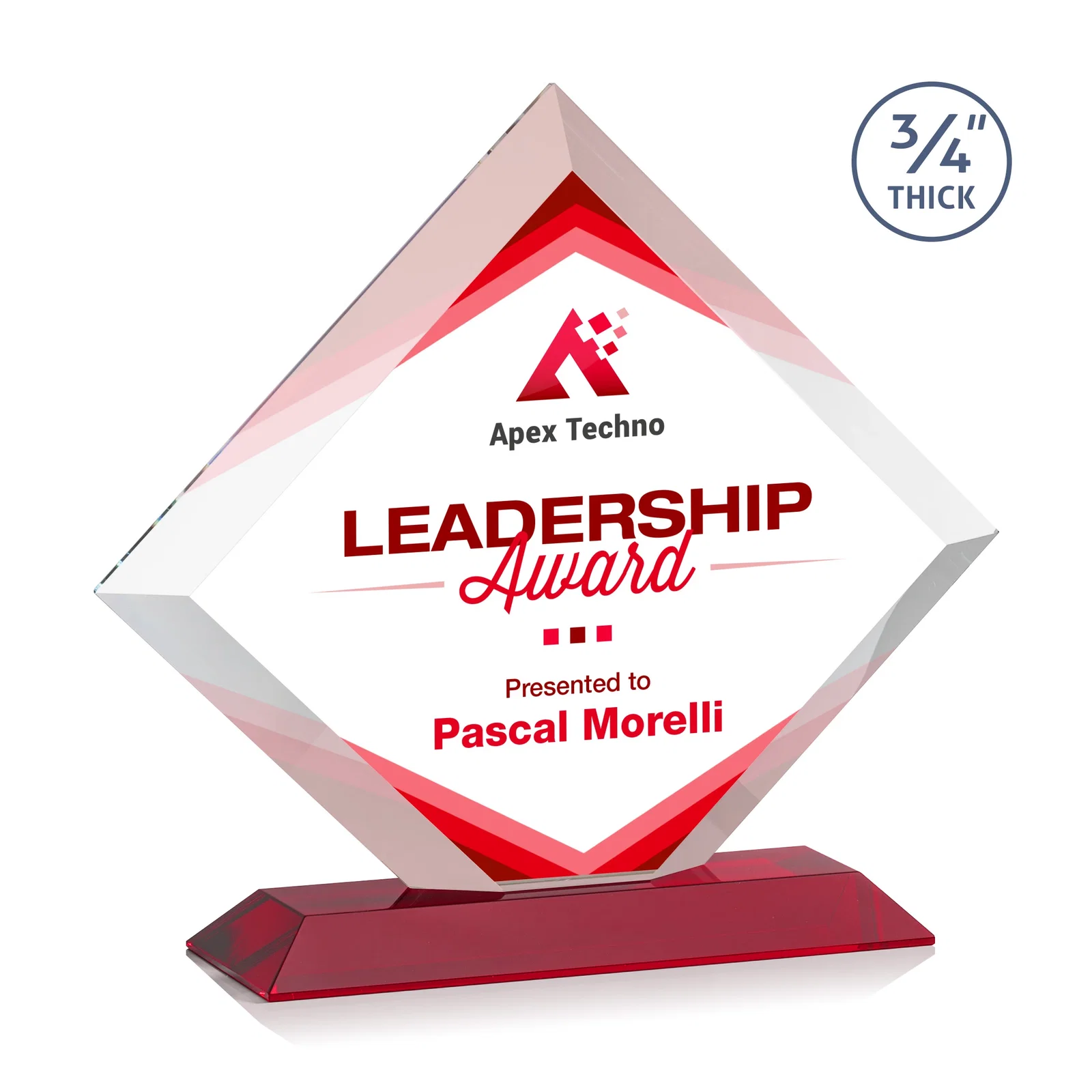 Custom printed Mitered-Edge Starfire Crystal Diamond Award on a Bamboo Base for graduation ceremonies
