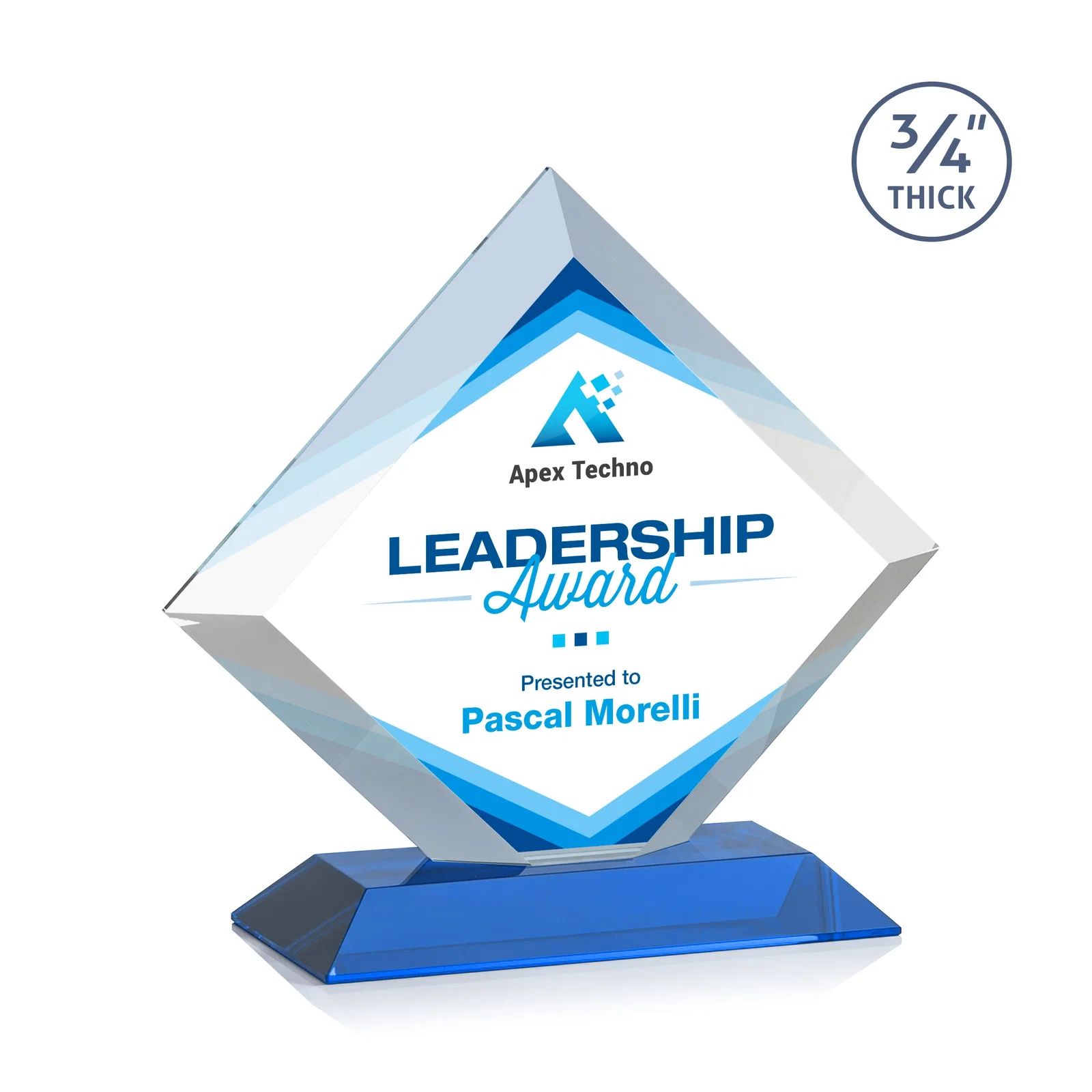 Custom printed Mitered-Edge Starfire Crystal Diamond Award on a Bamboo Base for volunteer appreciation