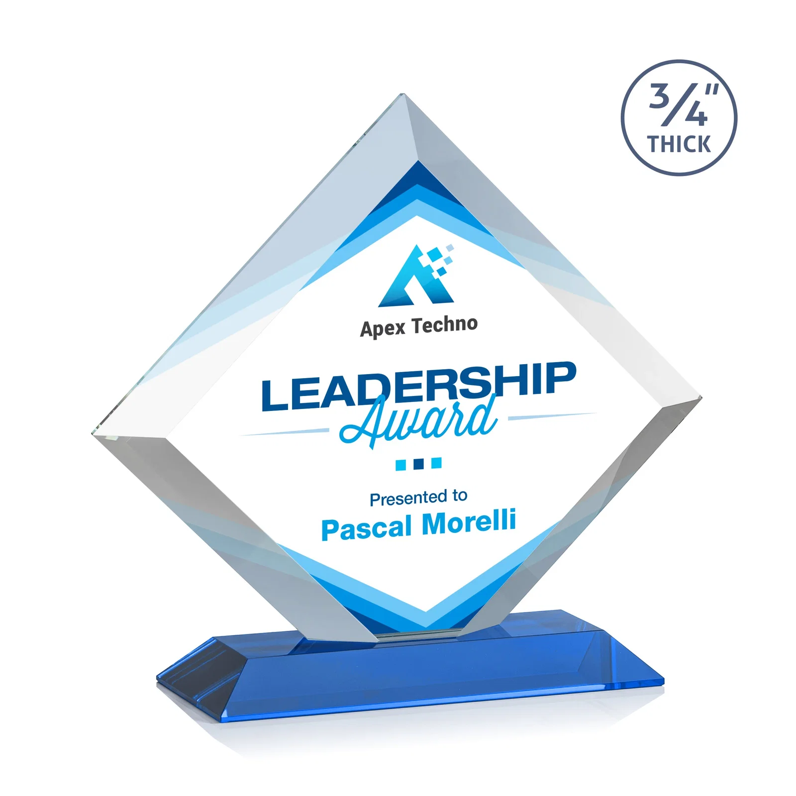 Custom printed Mitered-Edge Starfire Crystal Diamond Award on a Bamboo Base for dealer and partner awards