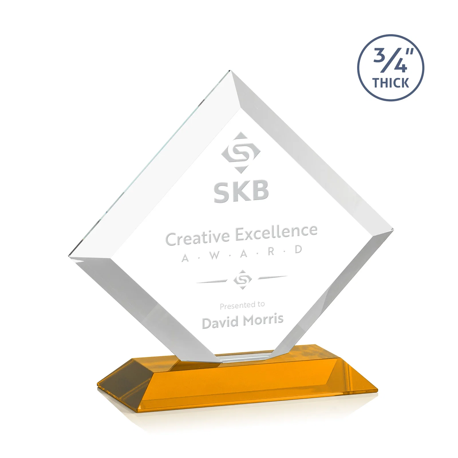 Custom Mitered-Edge Starfire Crystal Diamond Award on a Bamboo Base for team milestone celebrations