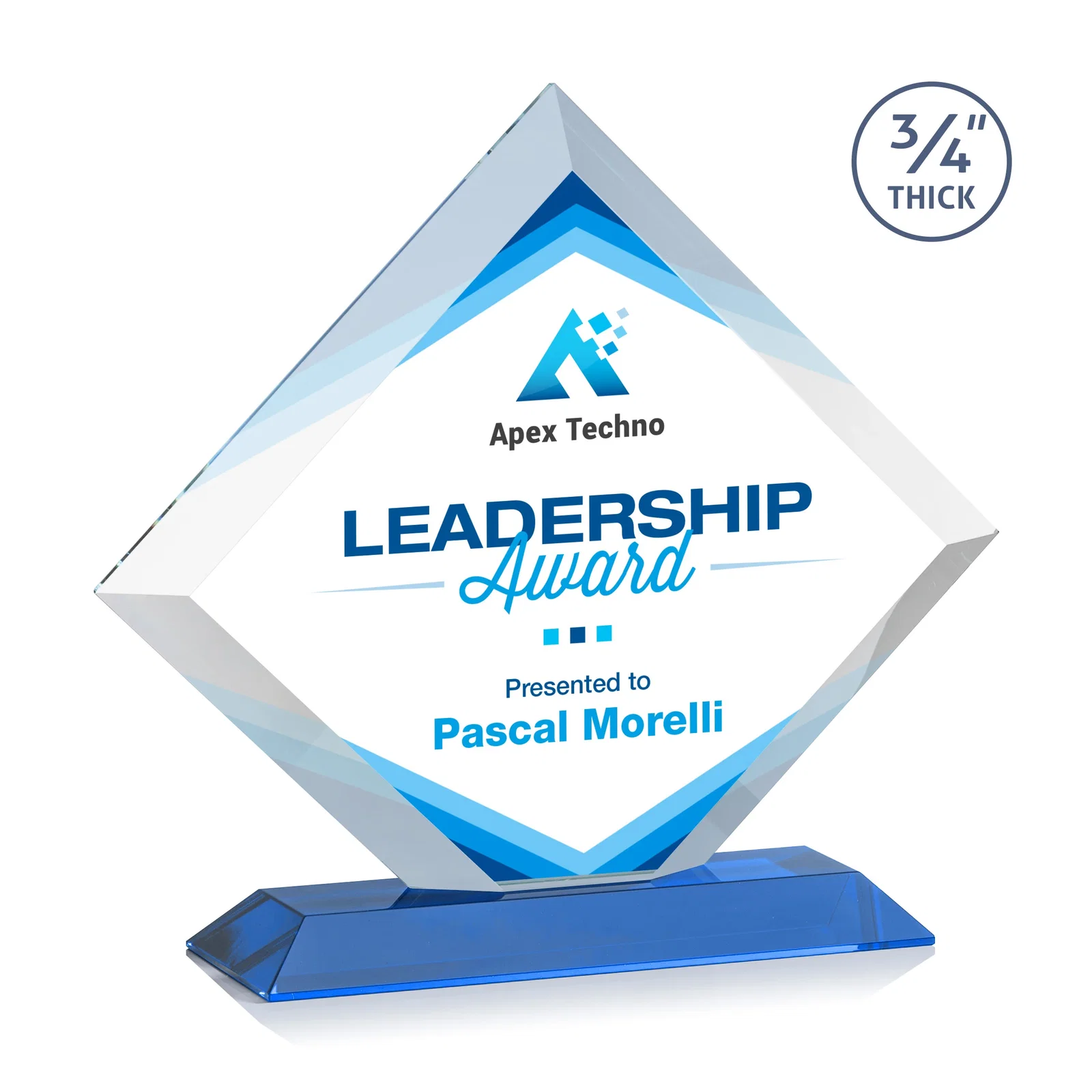 Custom printed Mitered-Edge Starfire Crystal Diamond Award on a Bamboo Base for company anniversary events