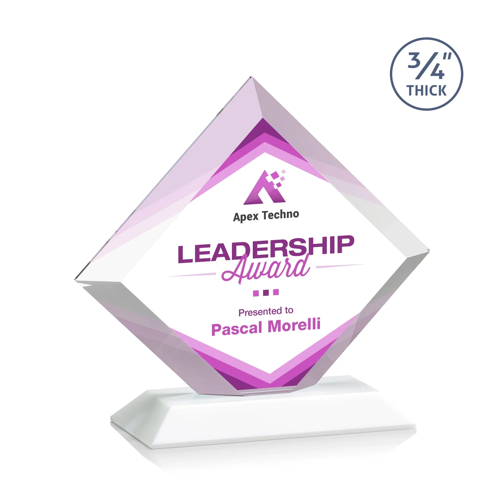 Customized Mitered-Edge Starfire Crystal Diamond Award on a Bamboo Base for corporate award ceremonies