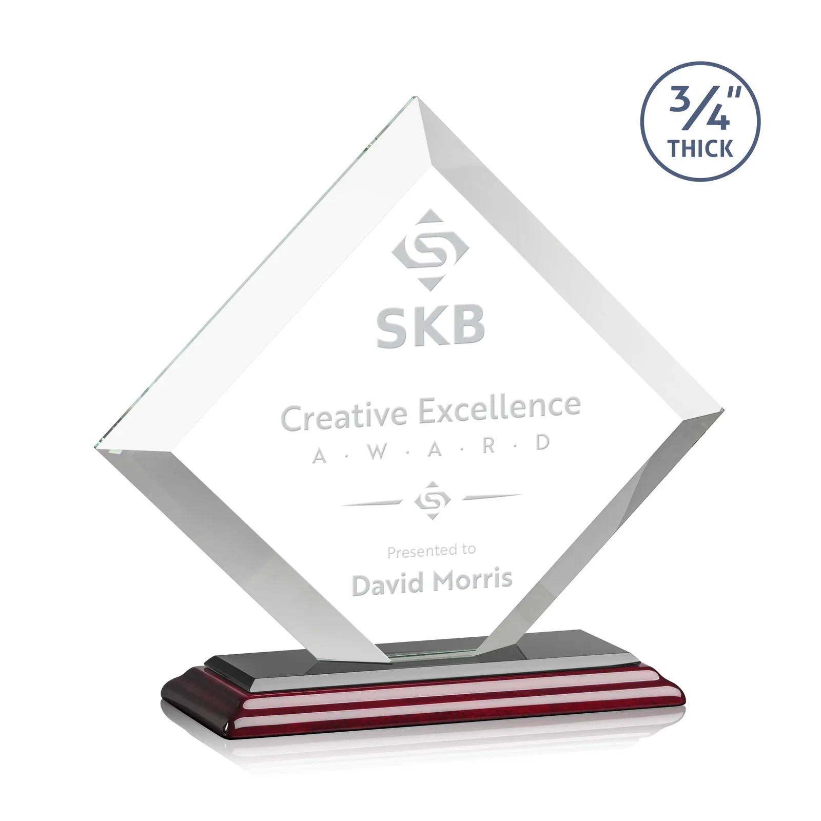 Customized Mitered-Edge Starfire Crystal Diamond Award on a Bamboo Base for donor appreciation