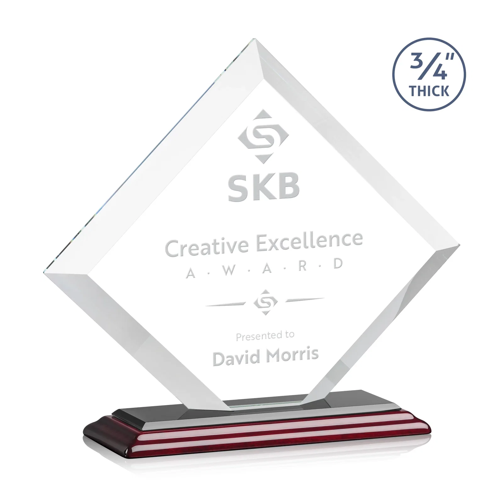 Customized Mitered-Edge Starfire Crystal Diamond Award on a Bamboo Base for graduation ceremonies