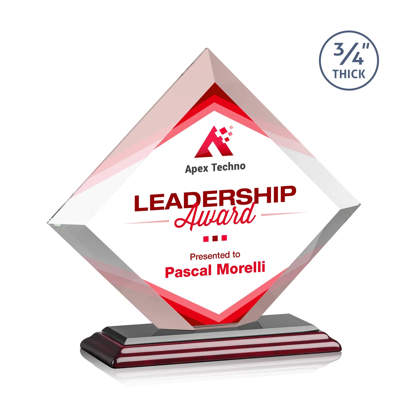 Customized Mitered-Edge Starfire Crystal Diamond Award on a Bamboo Base for dealer and partner awards