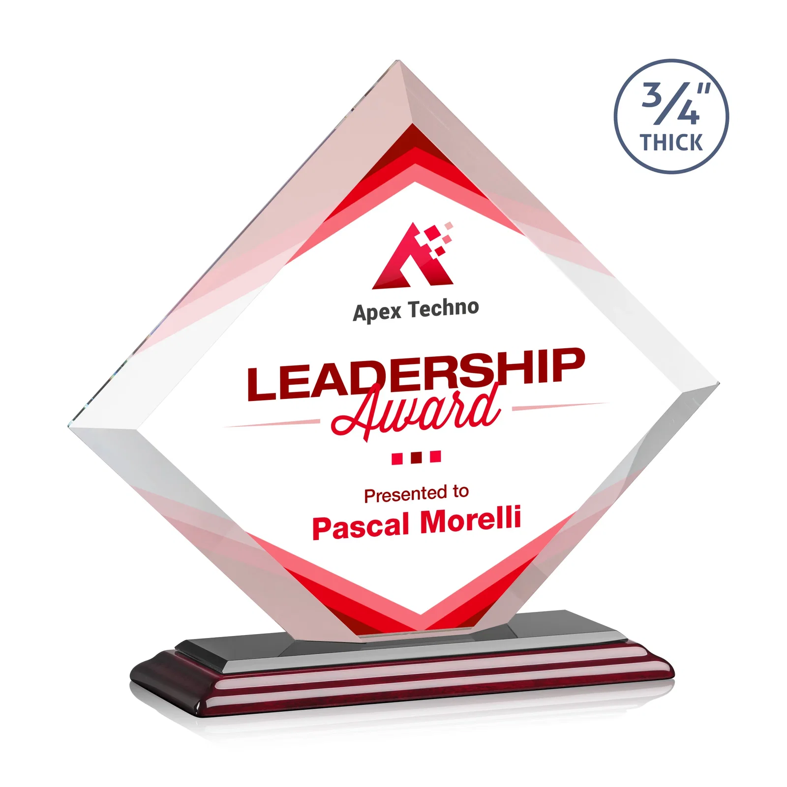 Customized Mitered-Edge Starfire Crystal Diamond Award on a Bamboo Base for company anniversary events