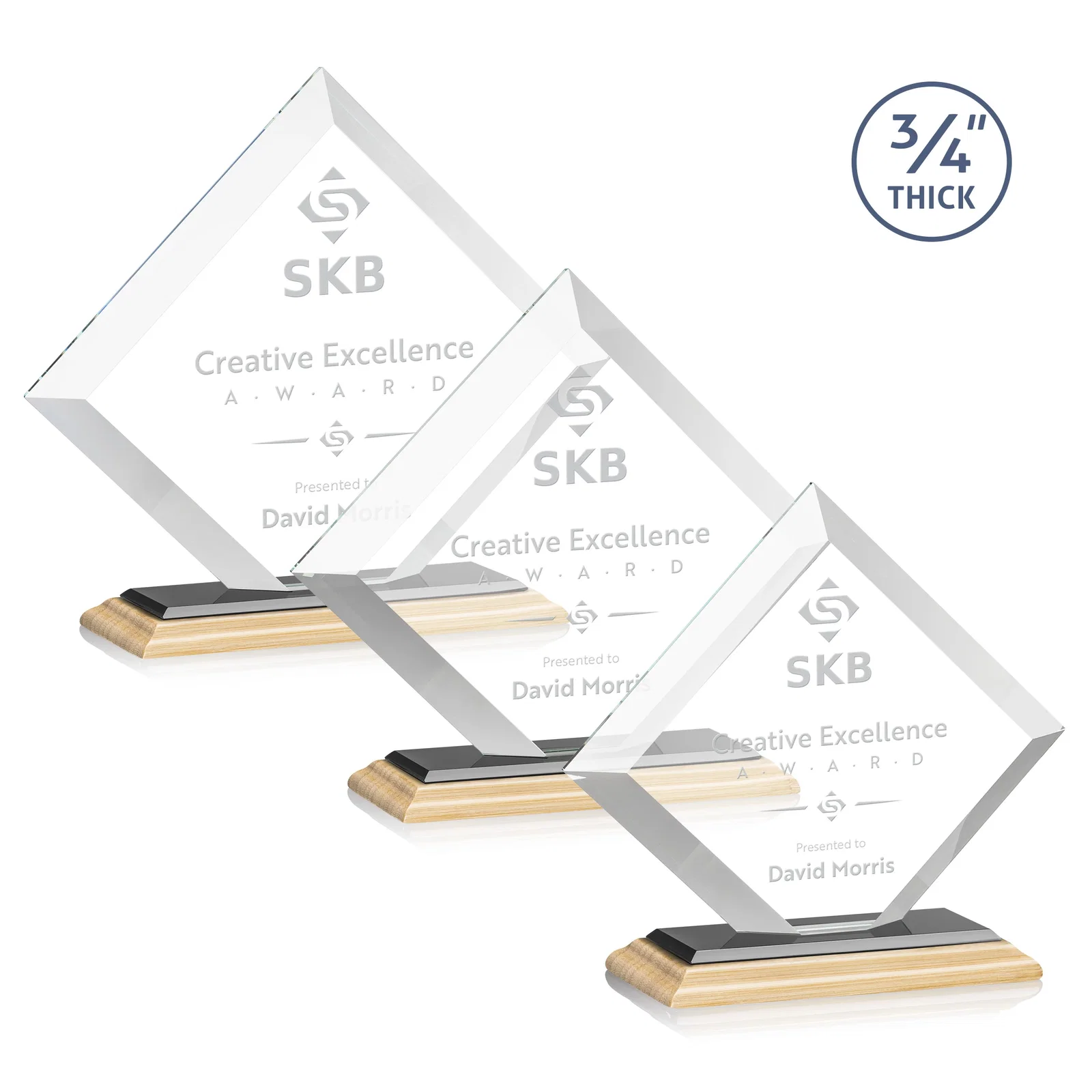 Custom engraved Mitered-Edge Starfire Crystal Diamond Award on a Bamboo Base for employee recognition