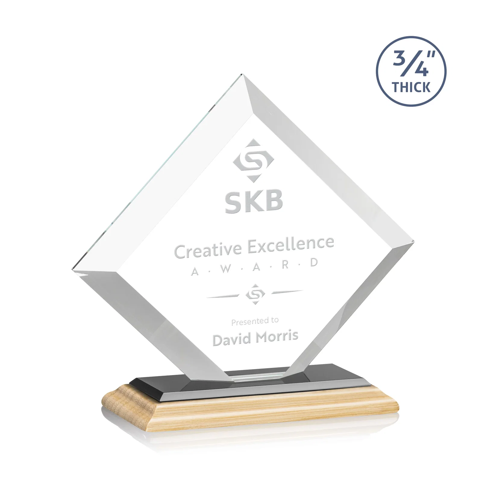 Custom engraved Mitered-Edge Starfire Crystal Diamond Award on a Bamboo Base for corporate award ceremonies