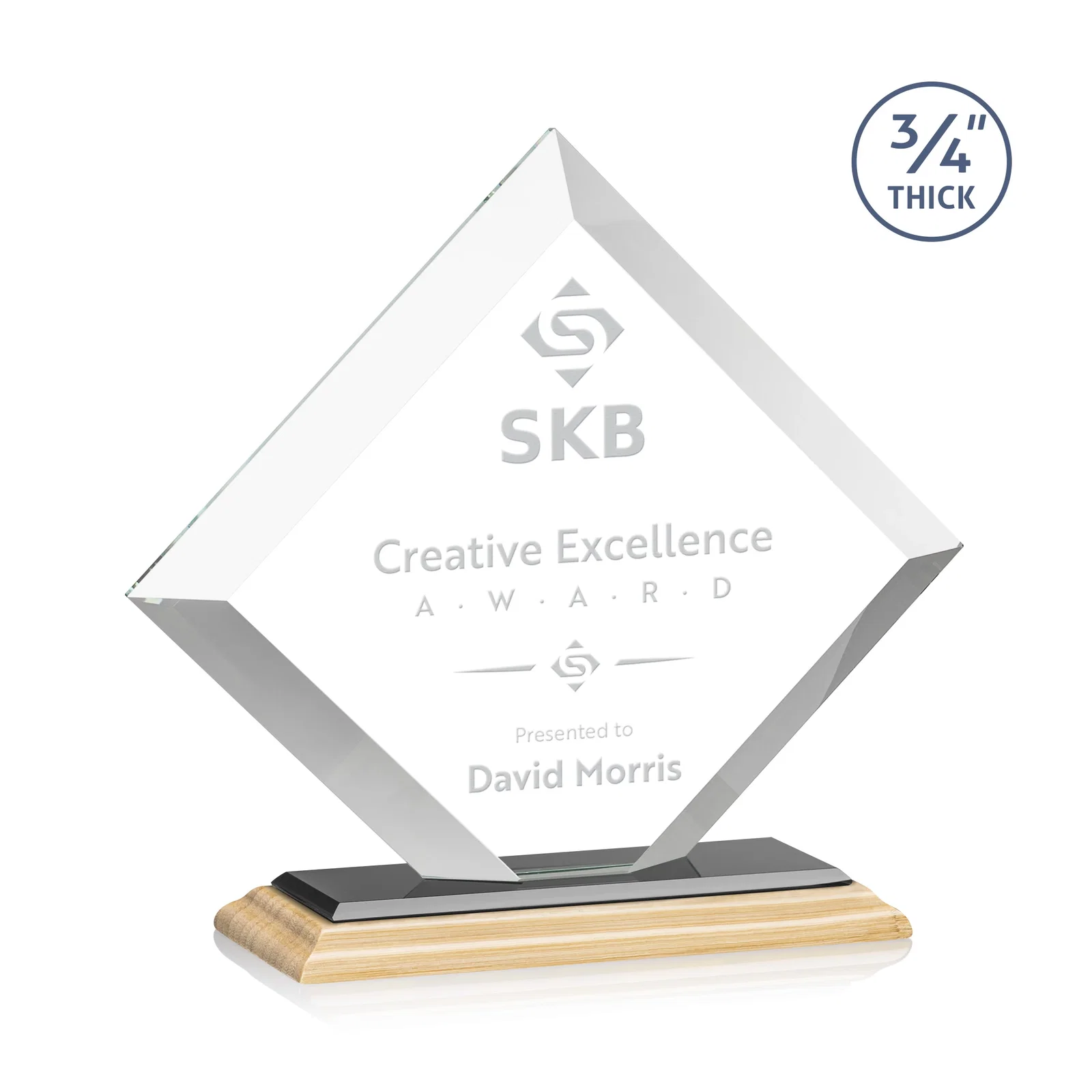 Custom engraved Mitered-Edge Starfire Crystal Diamond Award on a Bamboo Base for service anniversary gifts