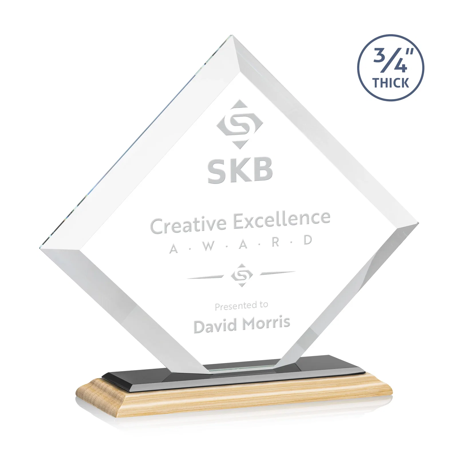 Custom engraved Mitered-Edge Starfire Crystal Diamond Award on a Bamboo Base for sales achievement awards