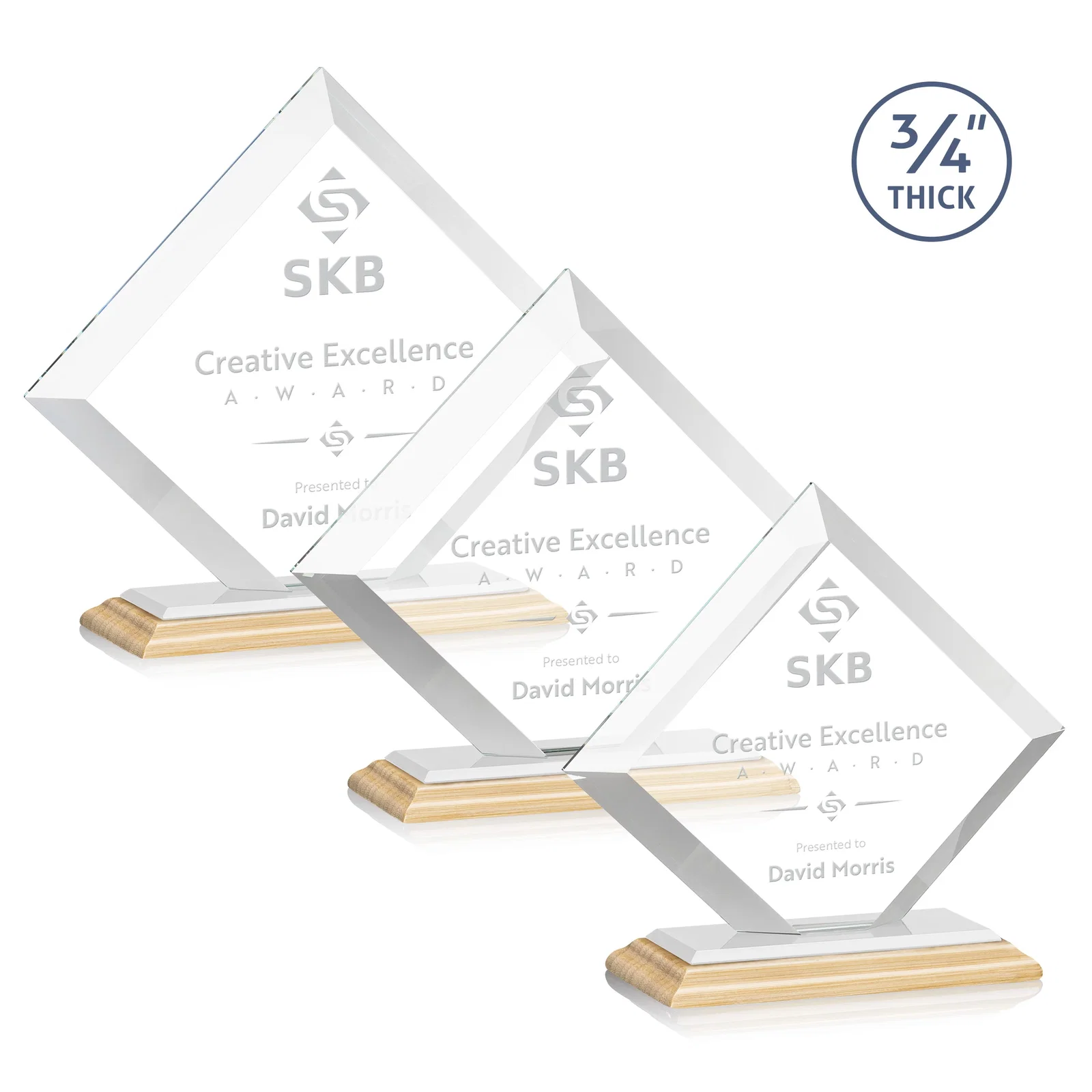 Custom engraved Mitered-Edge Starfire Crystal Diamond Award on a Bamboo Base for retirement presentations